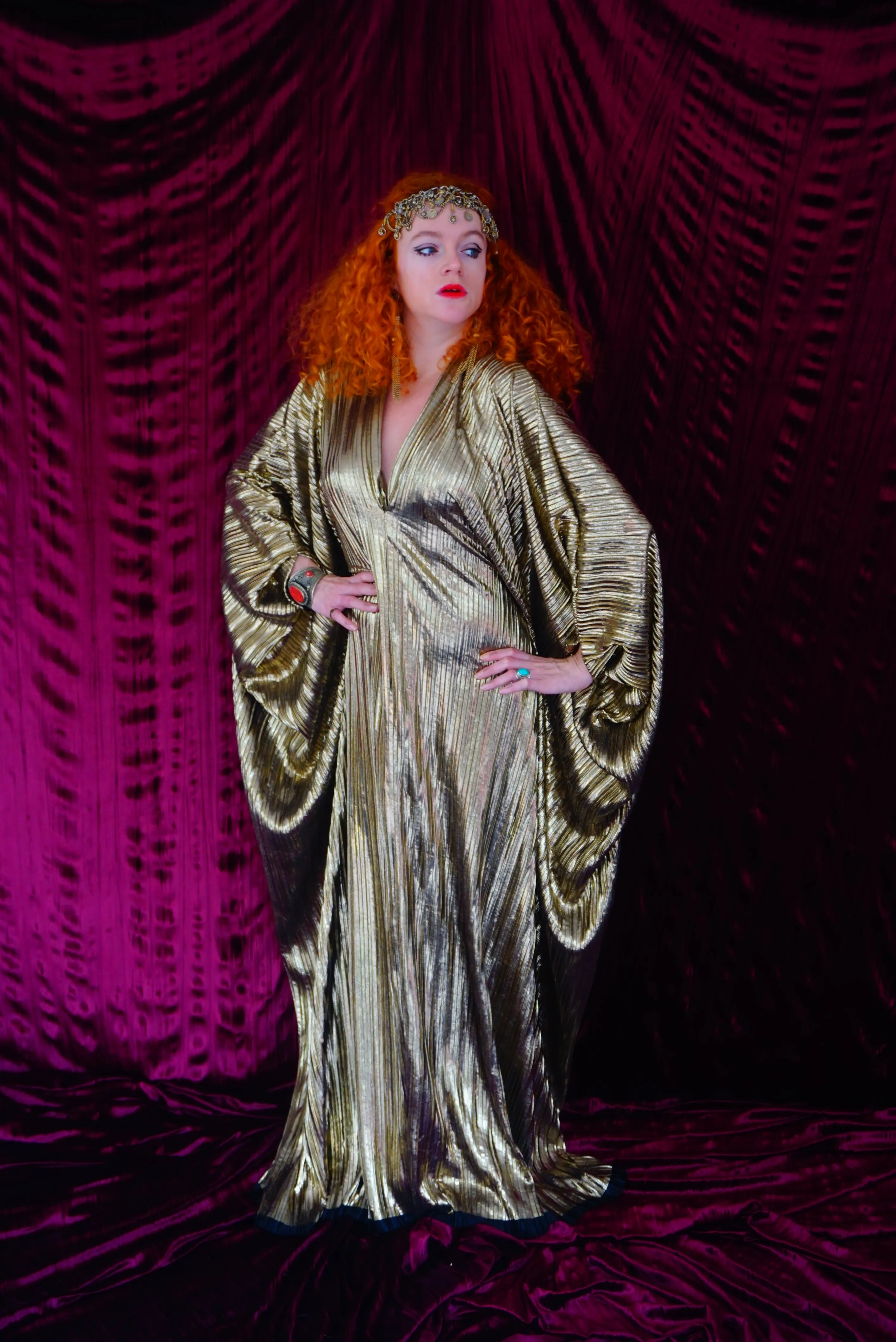 Metallic Gold Plissè V-neck Kaftan Gown