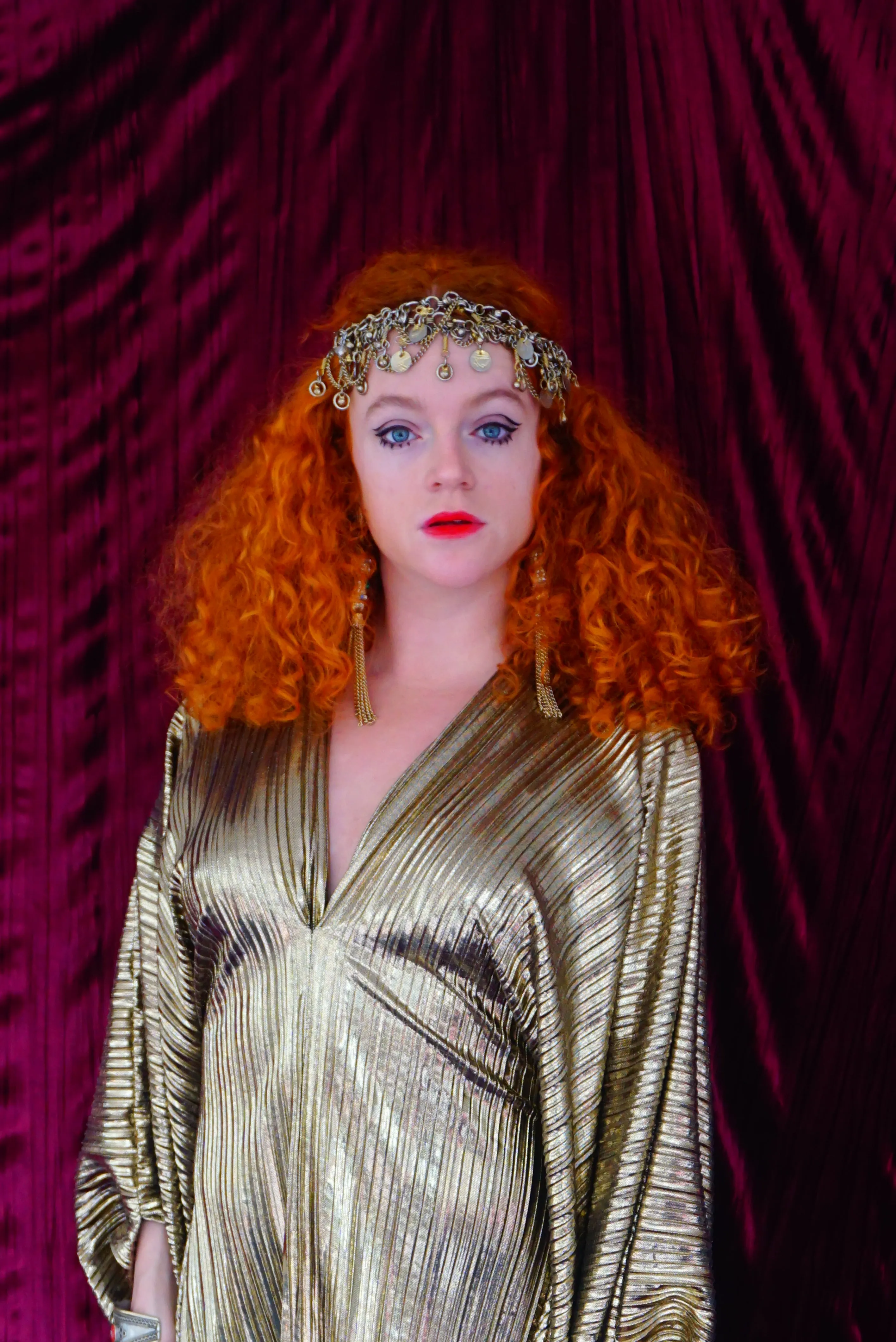Metallic Gold Plissè V-neck Kaftan Gown