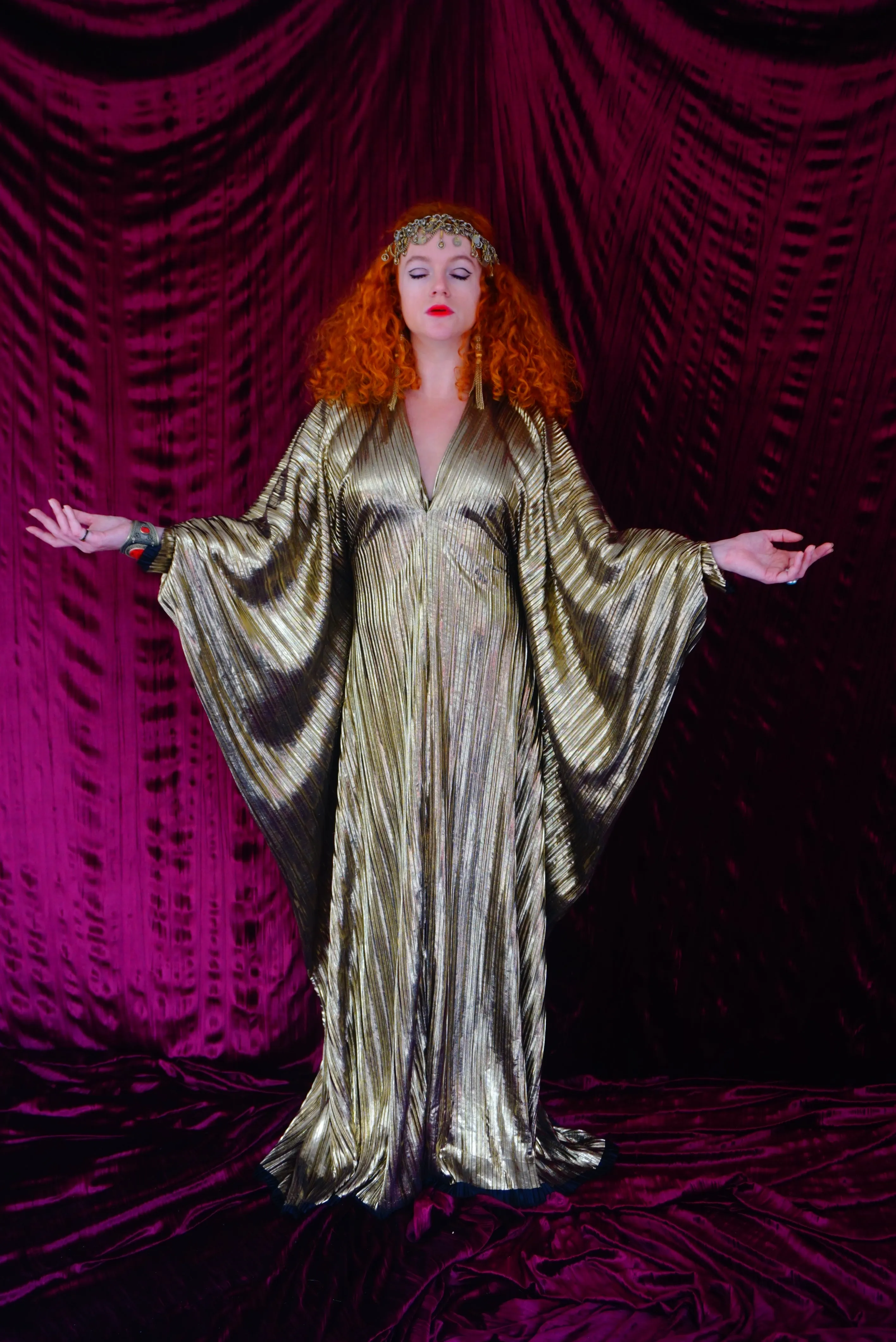 Metallic Gold Plissè V-neck Kaftan Gown