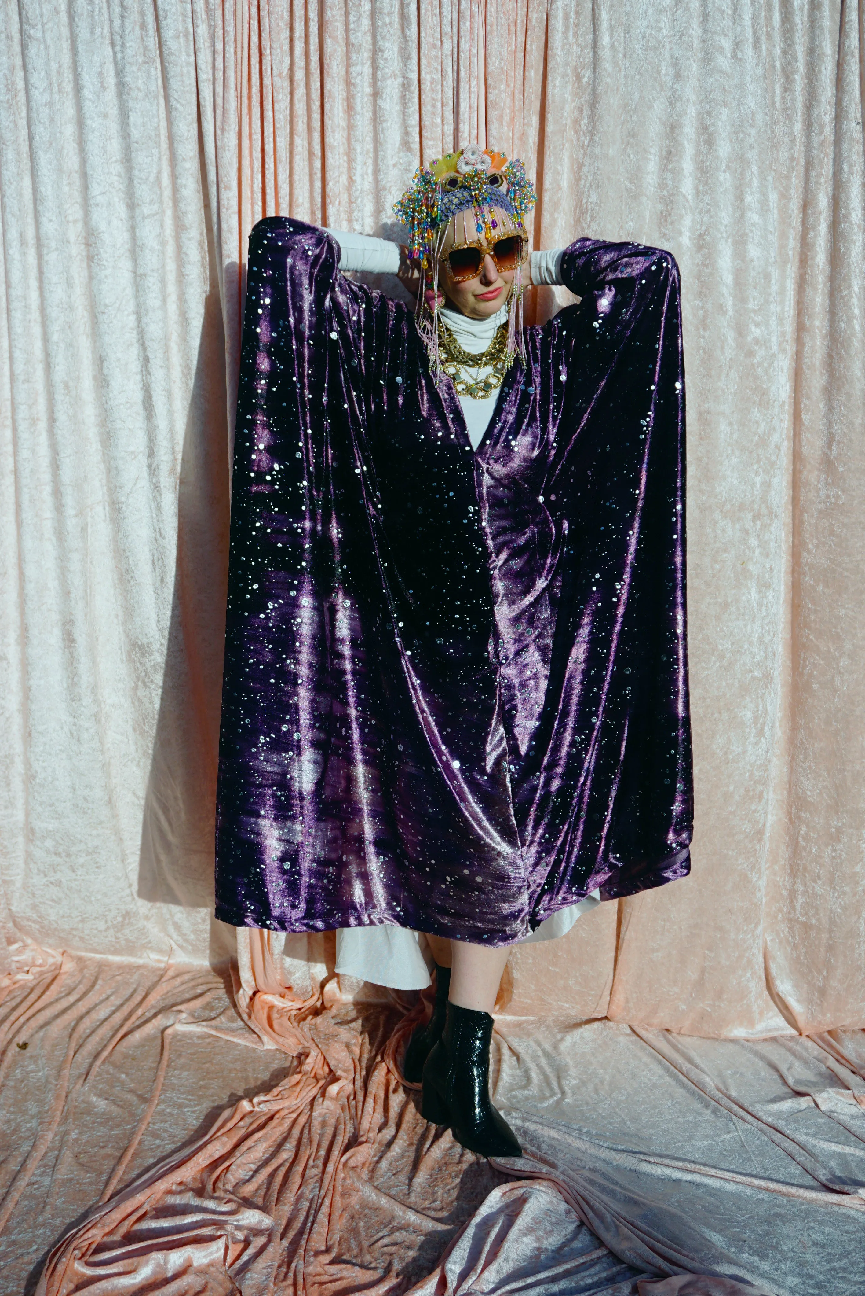 Midnight Galaxy purple and silver velour kaftan Gown - MIDI