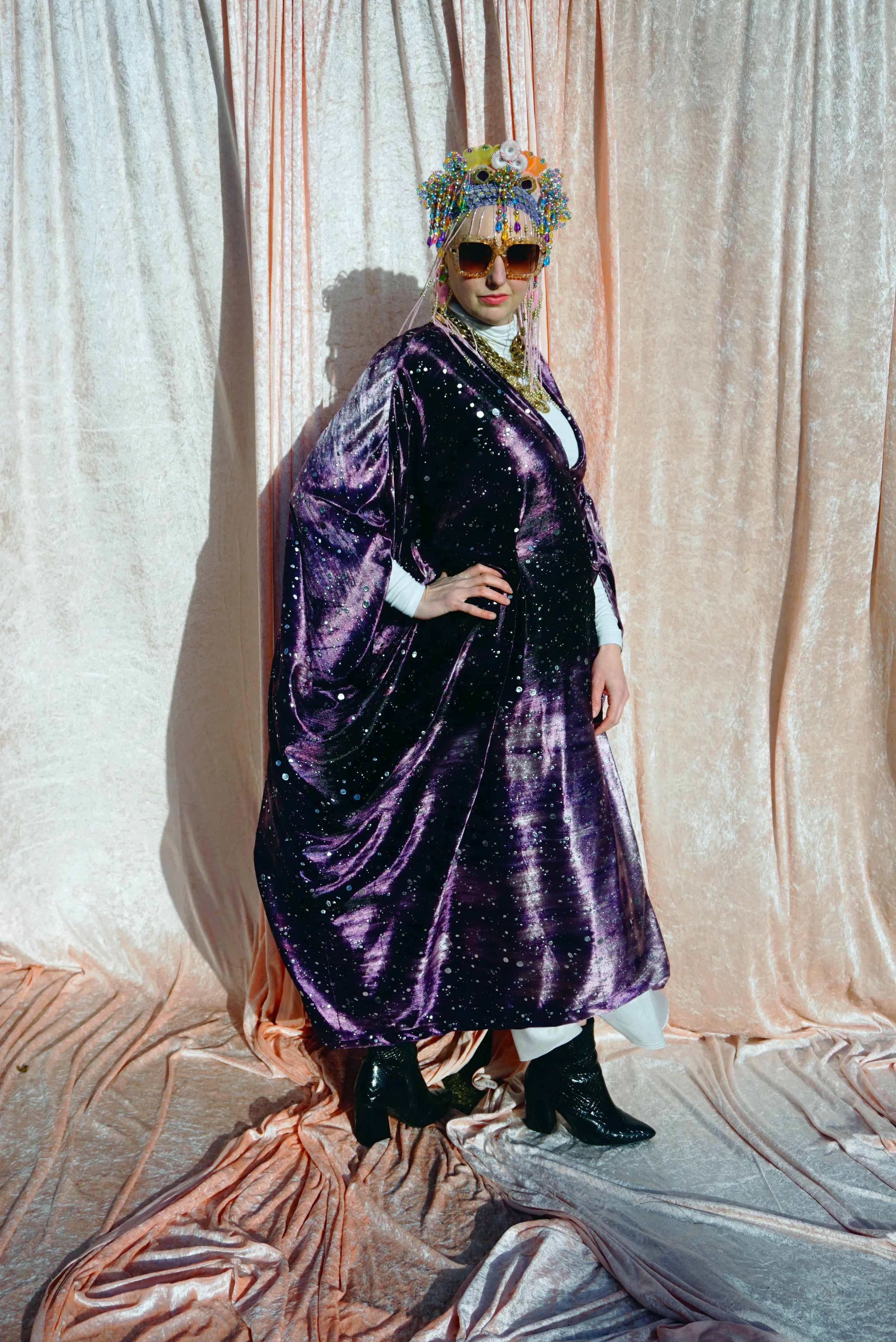 Midnight Galaxy purple and silver velour kaftan Gown - MIDI