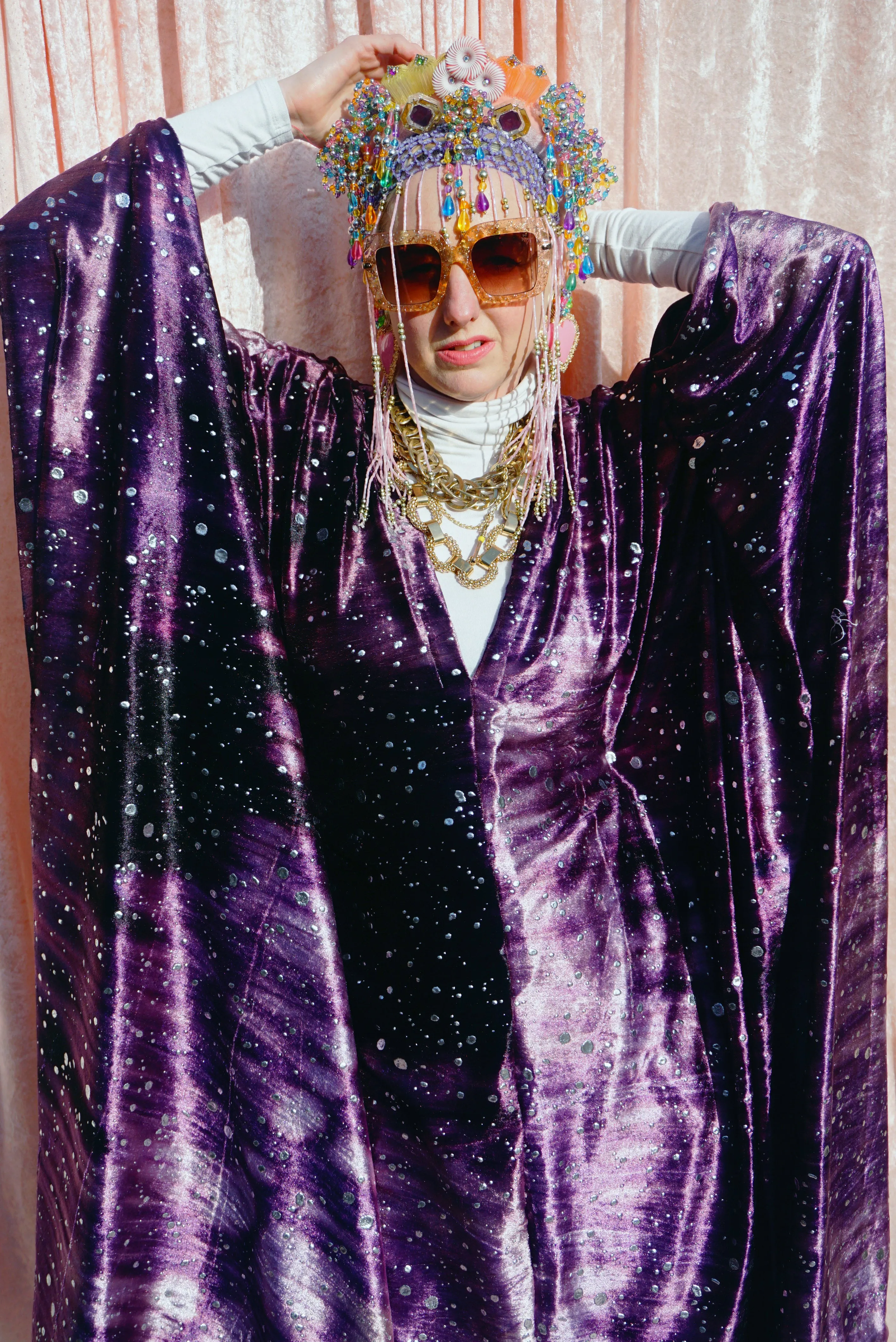 Midnight Galaxy purple and silver velour kaftan Gown - MIDI