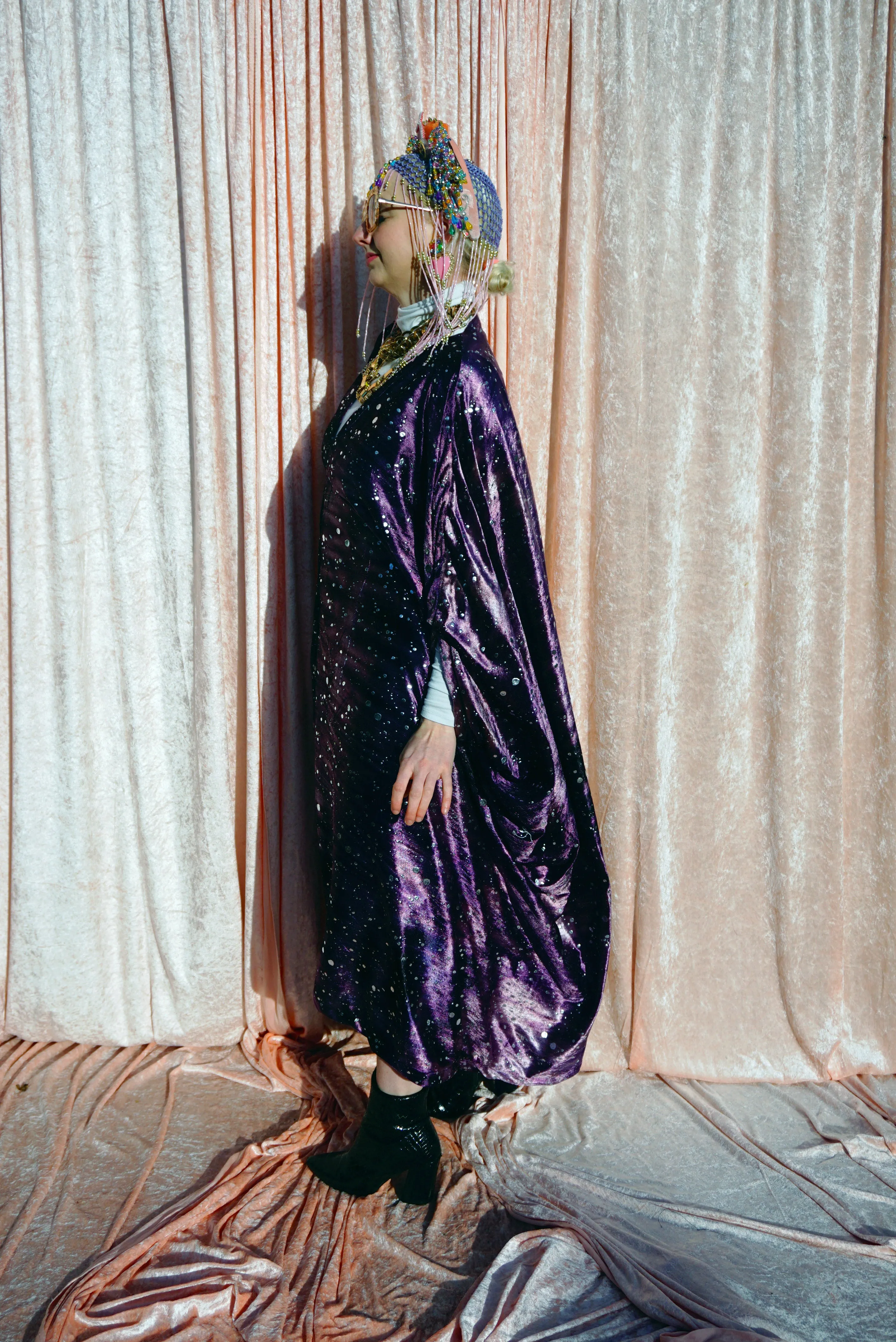 Midnight Galaxy purple and silver velour kaftan Gown - MIDI