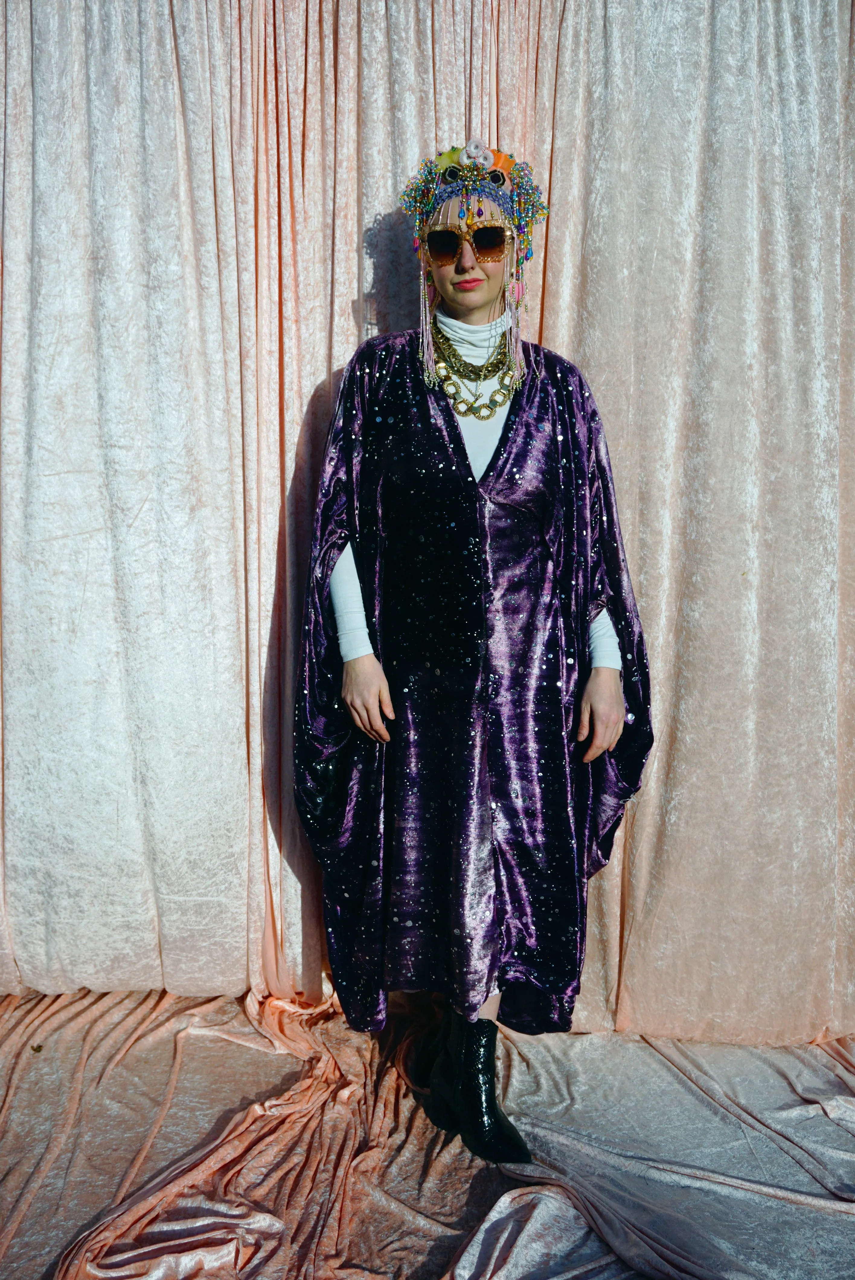 Midnight Galaxy purple and silver velour kaftan Gown - MIDI