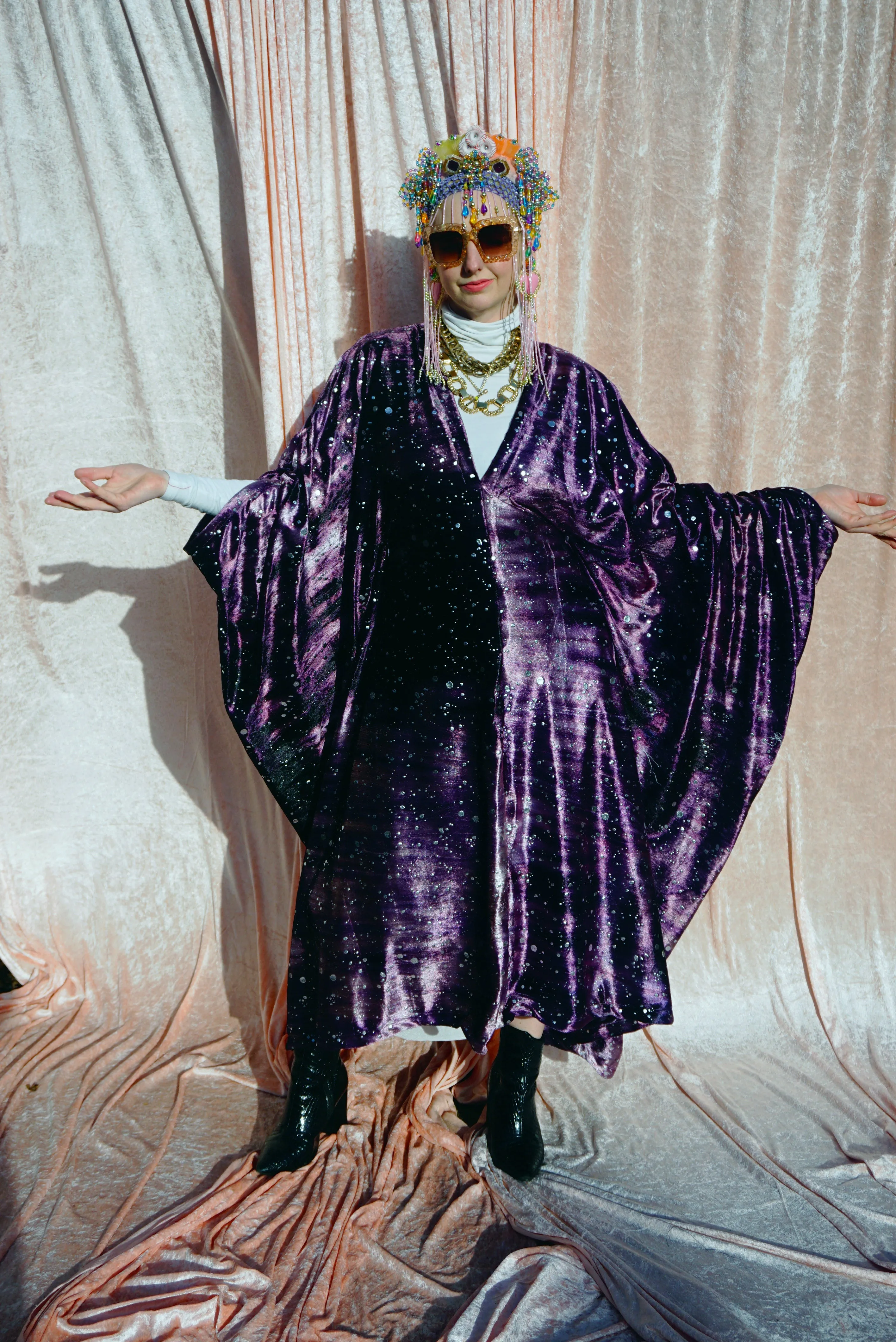 Midnight Galaxy purple and silver velour kaftan Gown - MIDI