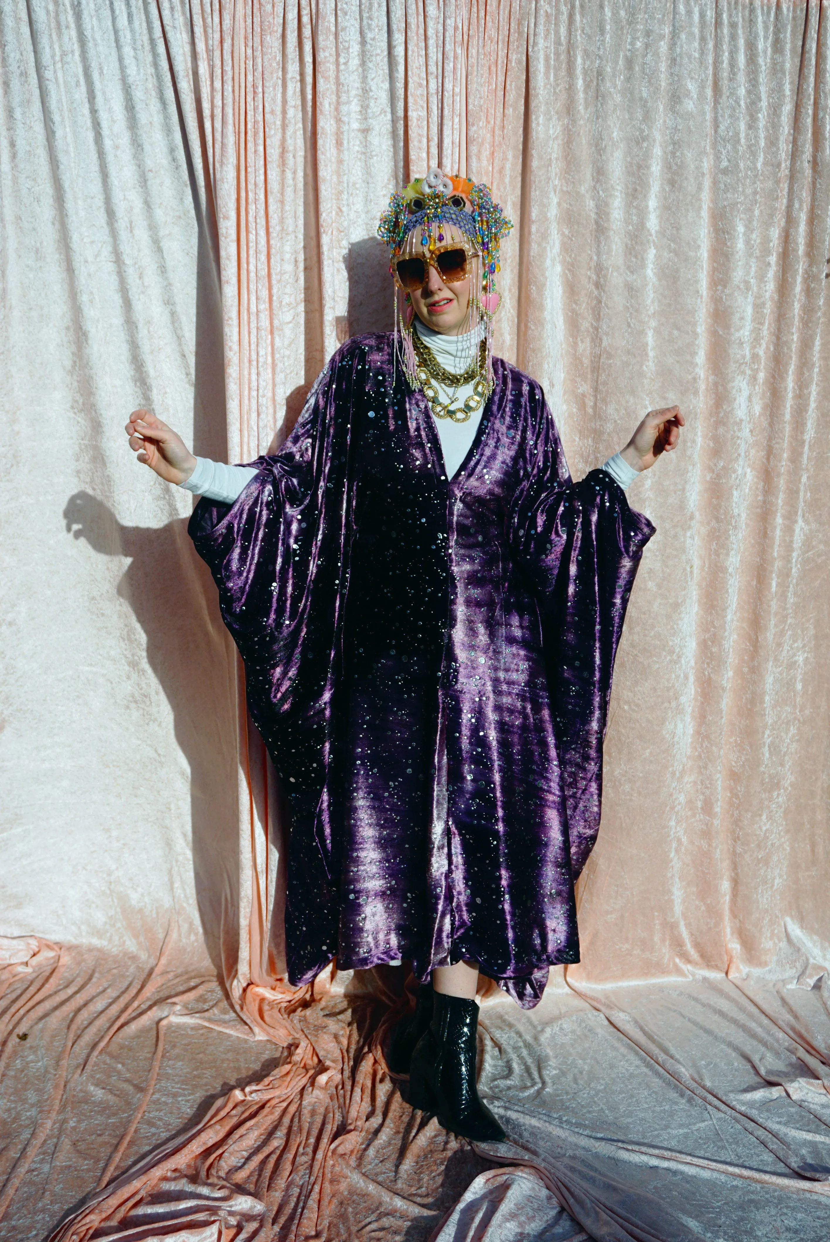 Midnight Galaxy purple and silver velour kaftan Gown - MIDI