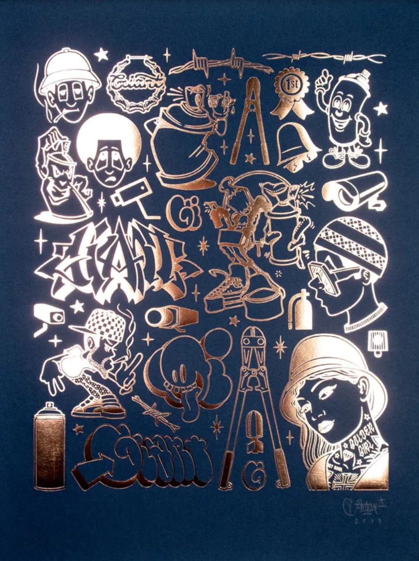 Modern Hieroglyphics Graffiti Copper PP Foil Block Print by Mike Giant