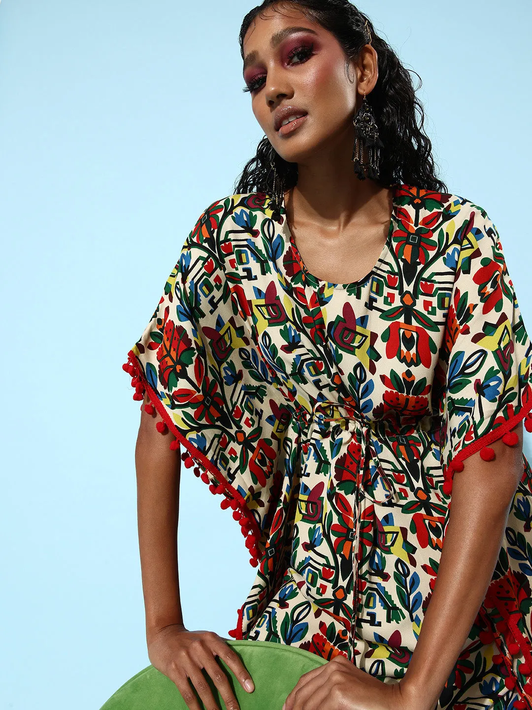 Multi Polyester Moss Polyester Printed Kaftan Dress