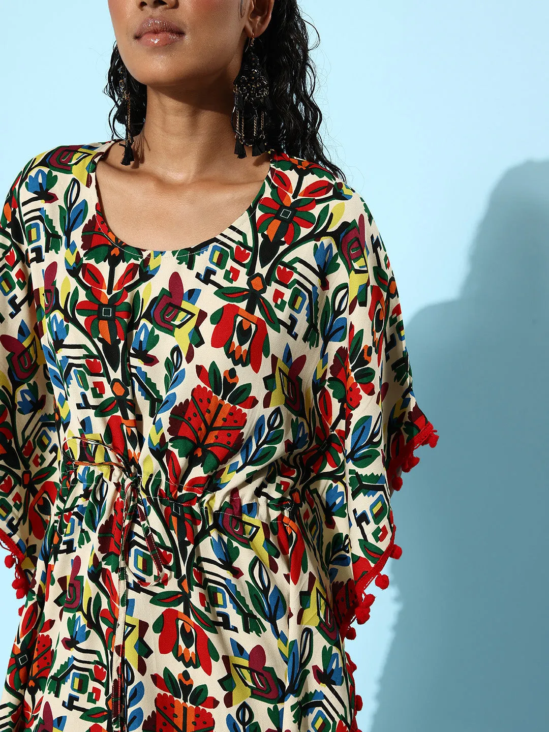 Multi Polyester Moss Polyester Printed Kaftan Dress