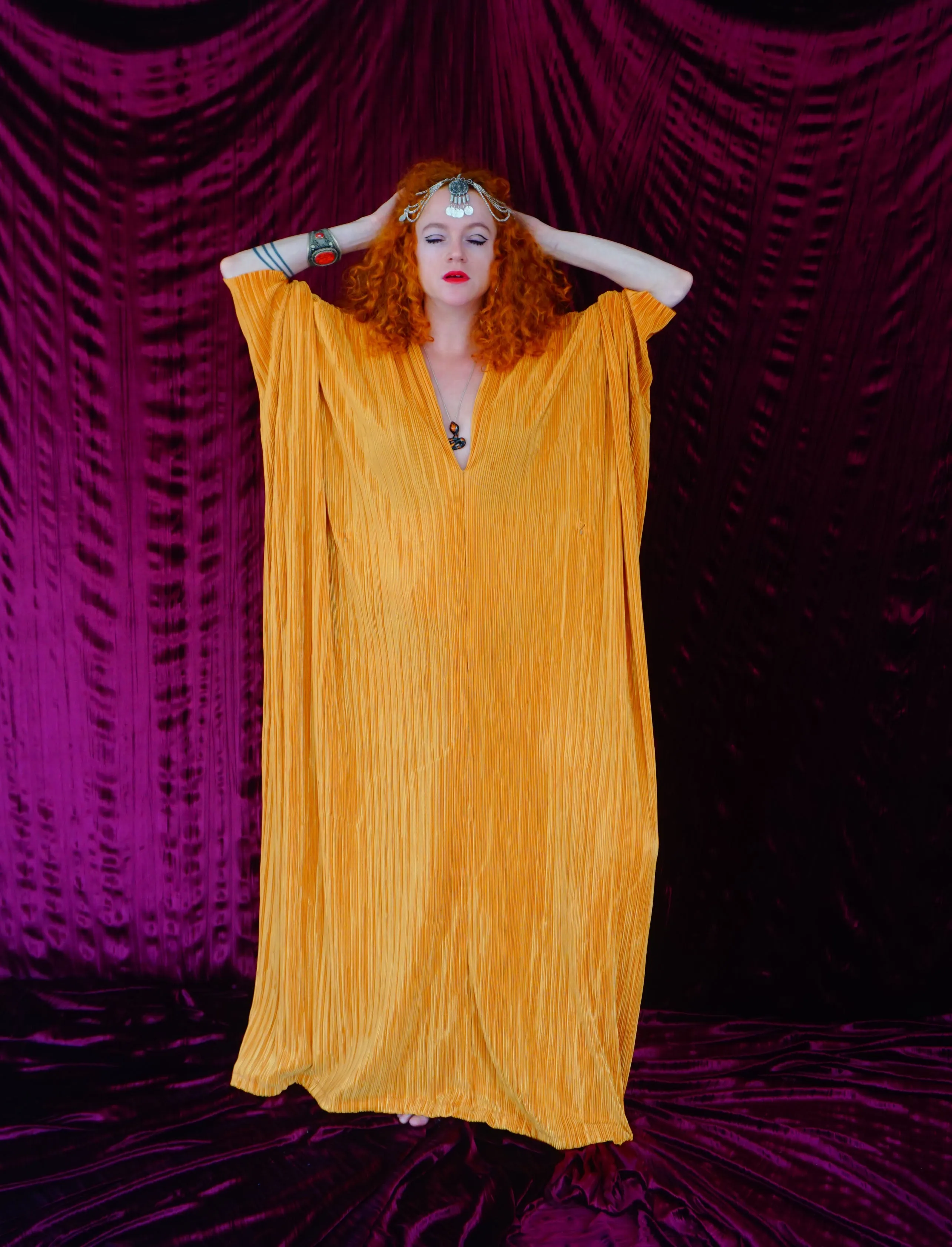 Mustard Gold Plissè V-neck Kaftan Gown