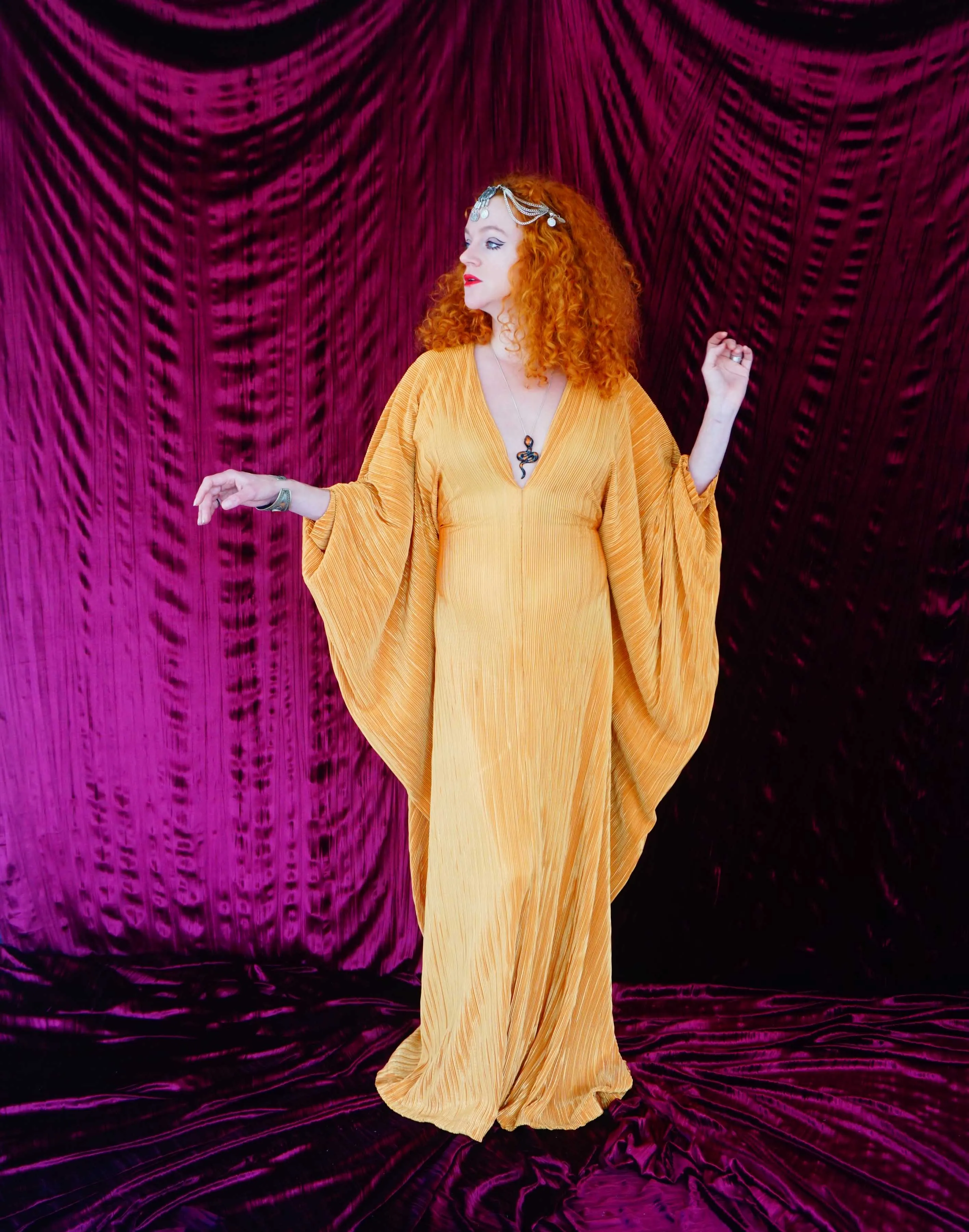 Mustard Gold Plissè V-neck Kaftan Gown