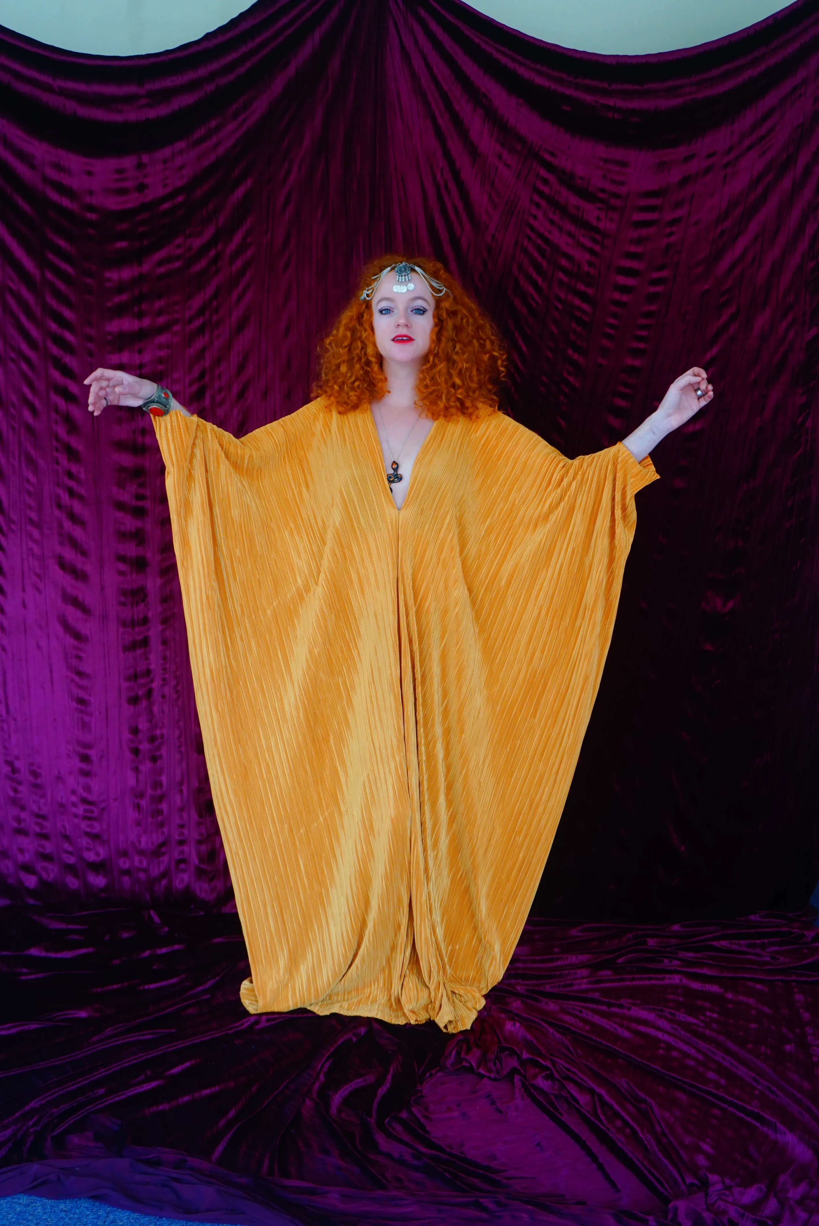 Mustard Gold Plissè V-neck Kaftan Gown