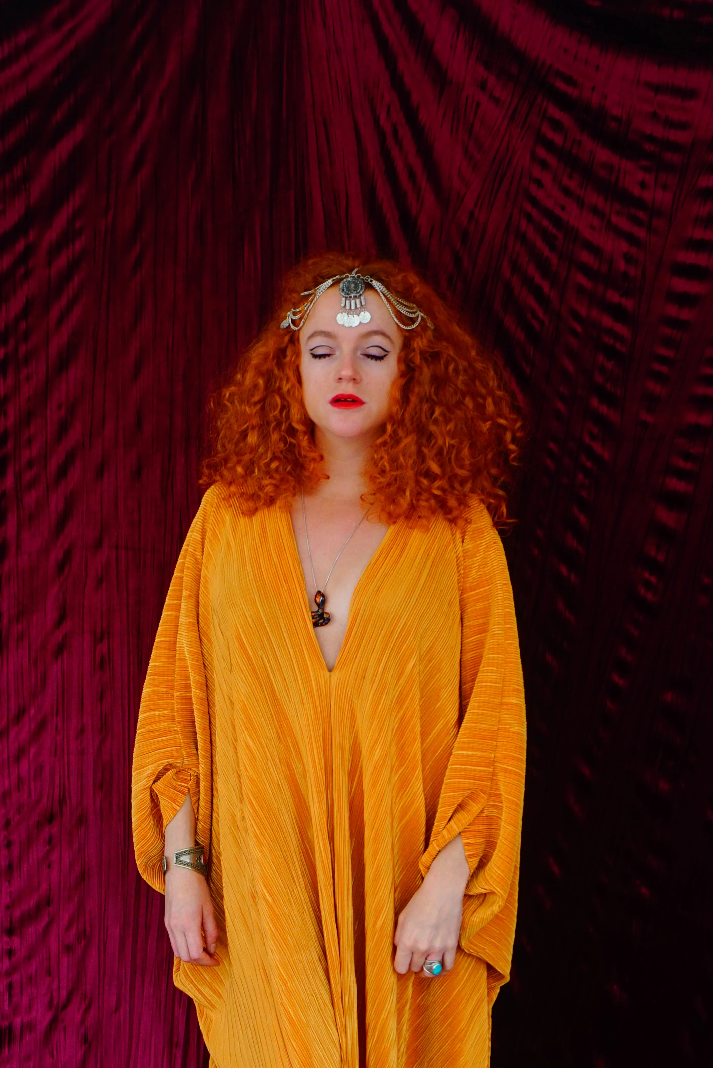 Mustard Gold Plissè V-neck Kaftan Gown