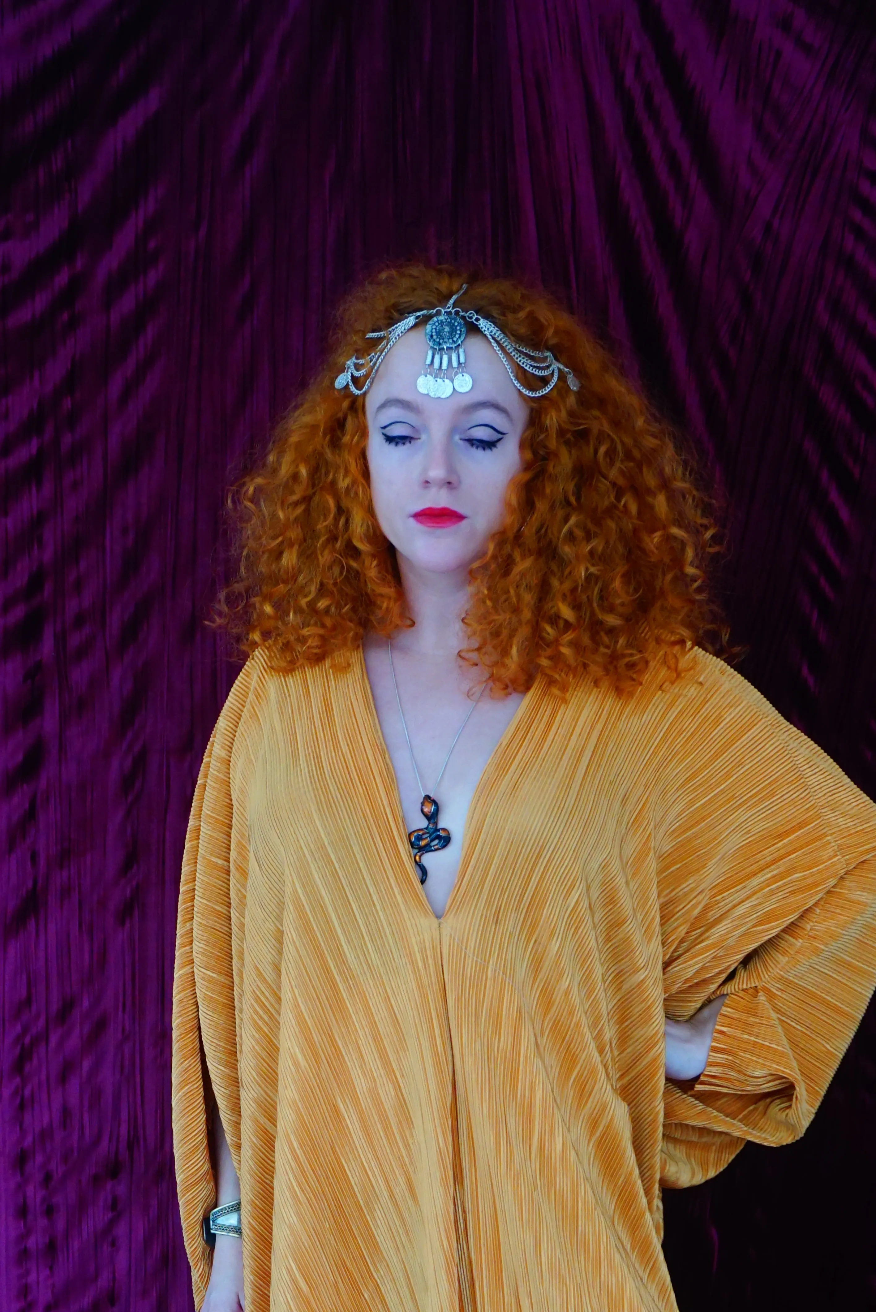 Mustard Gold Plissè V-neck Kaftan Gown