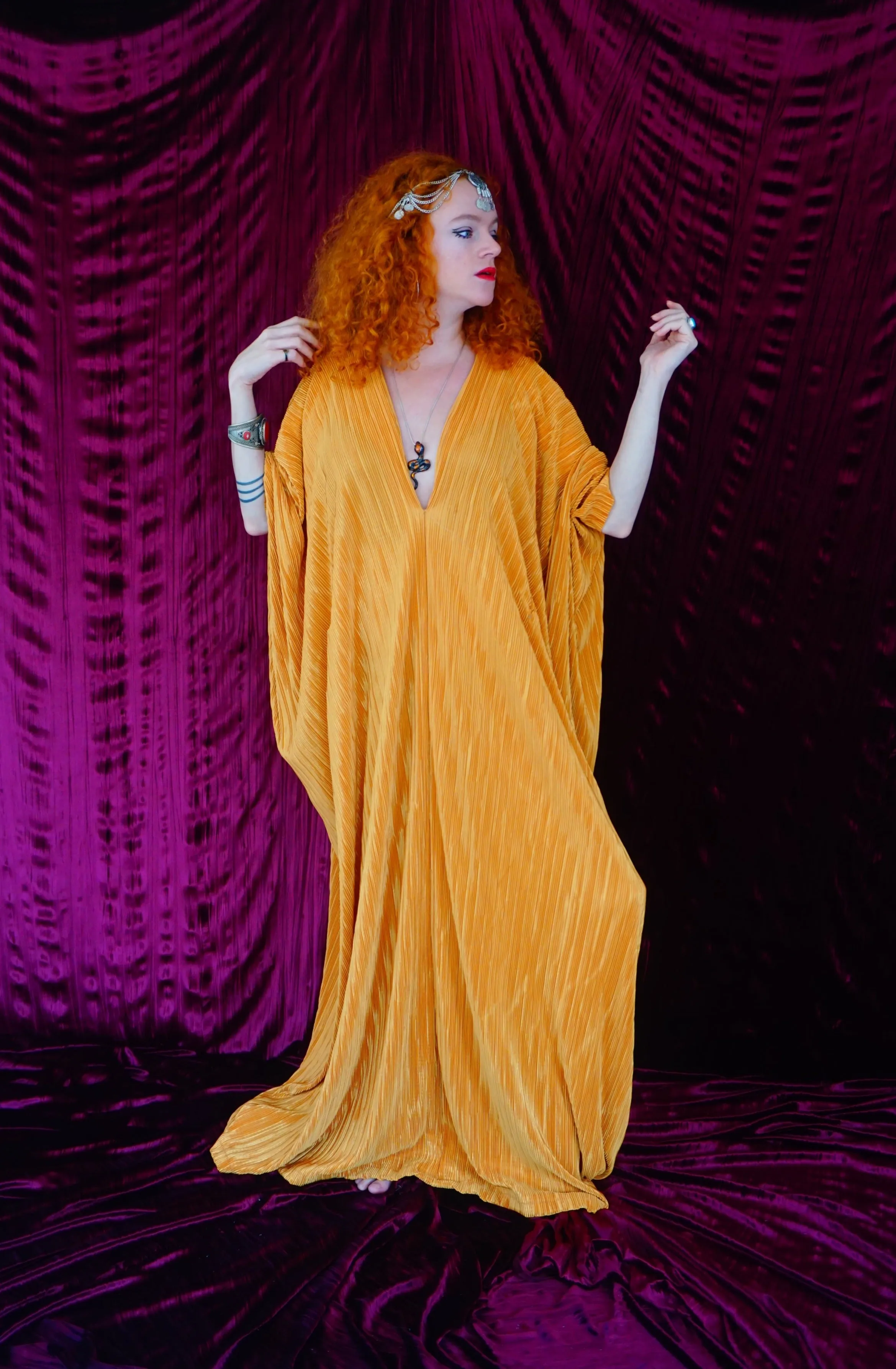 Mustard Gold Plissè V-neck Kaftan Gown