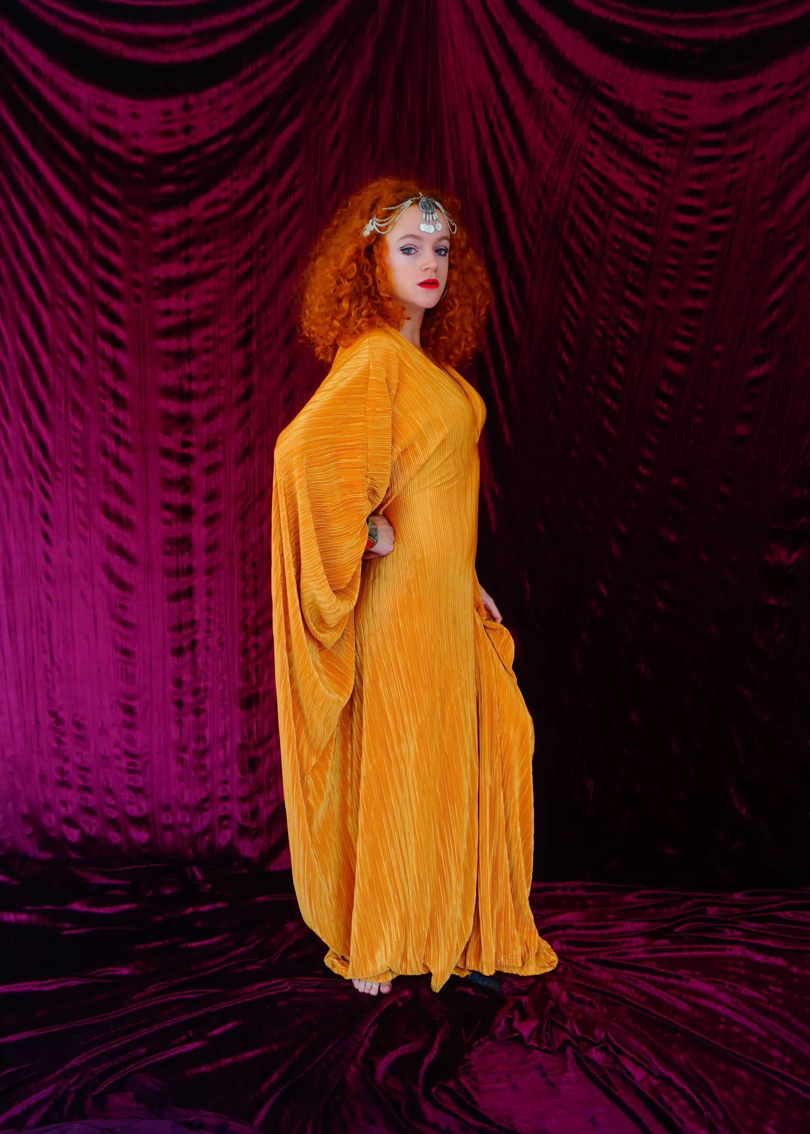 Mustard Gold Plissè V-neck Kaftan Gown