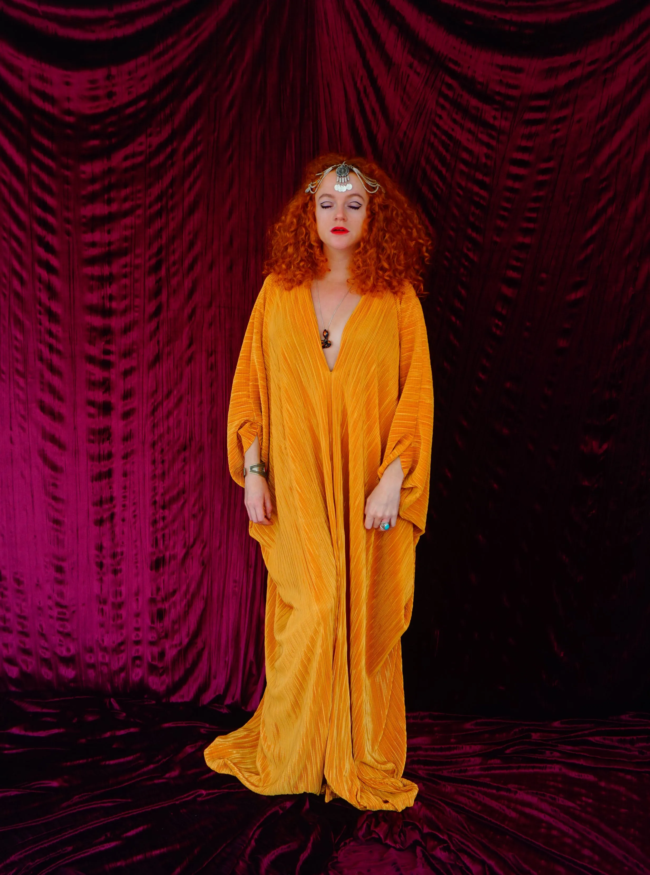 Mustard Gold Plissè V-neck Kaftan Gown