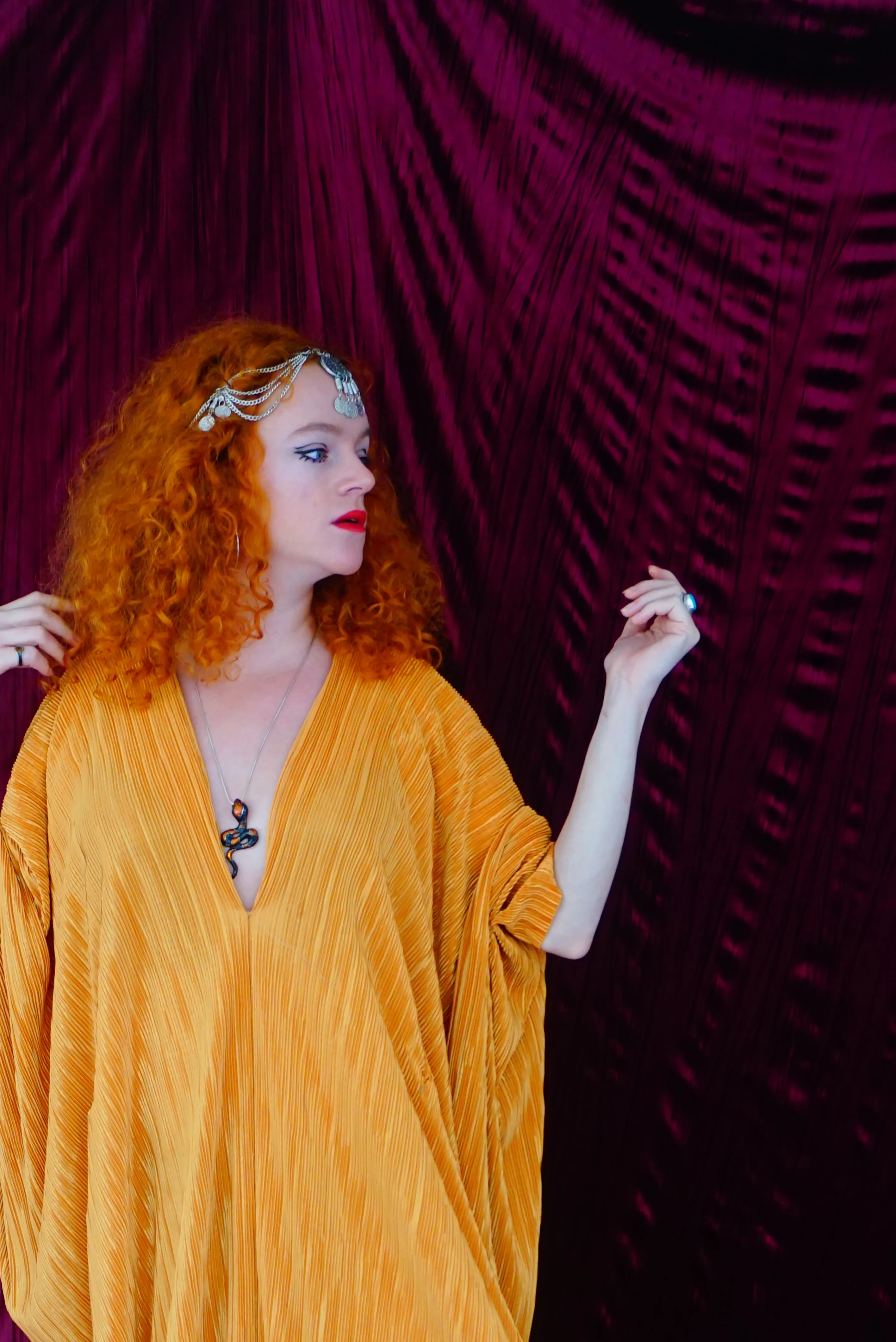 Mustard Gold Plissè V-neck Kaftan Gown