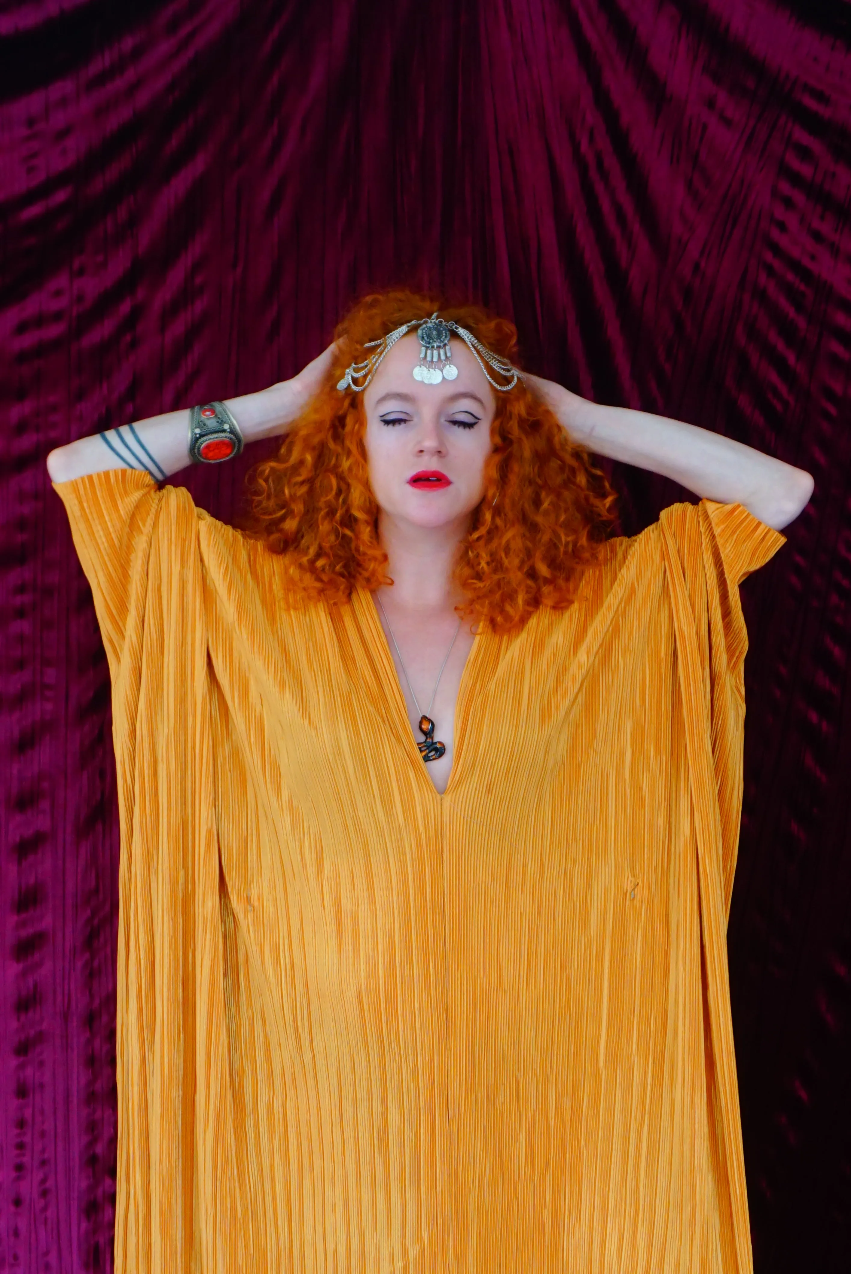 Mustard Gold Plissè V-neck Kaftan Gown