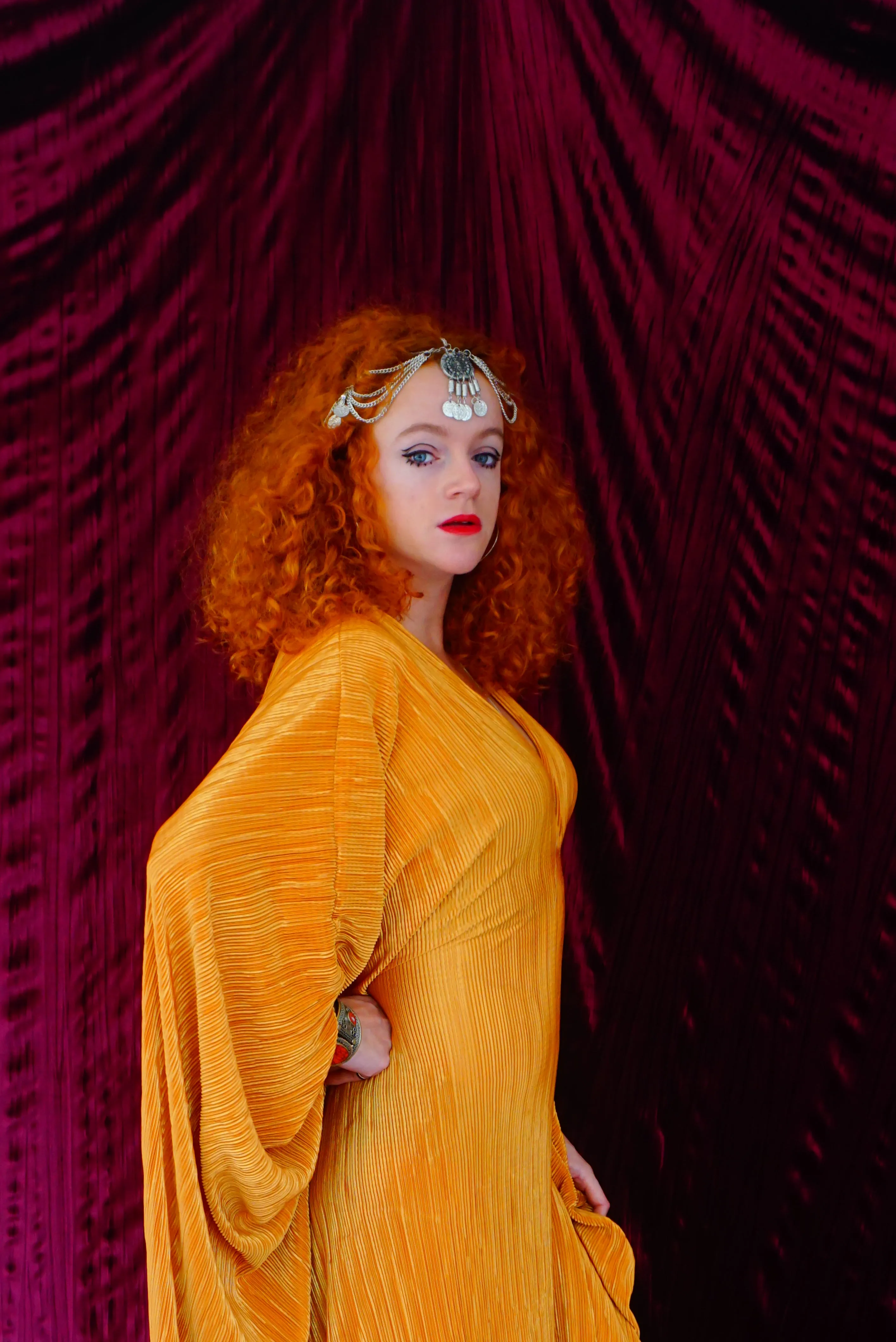 Mustard Gold Plissè V-neck Kaftan Gown