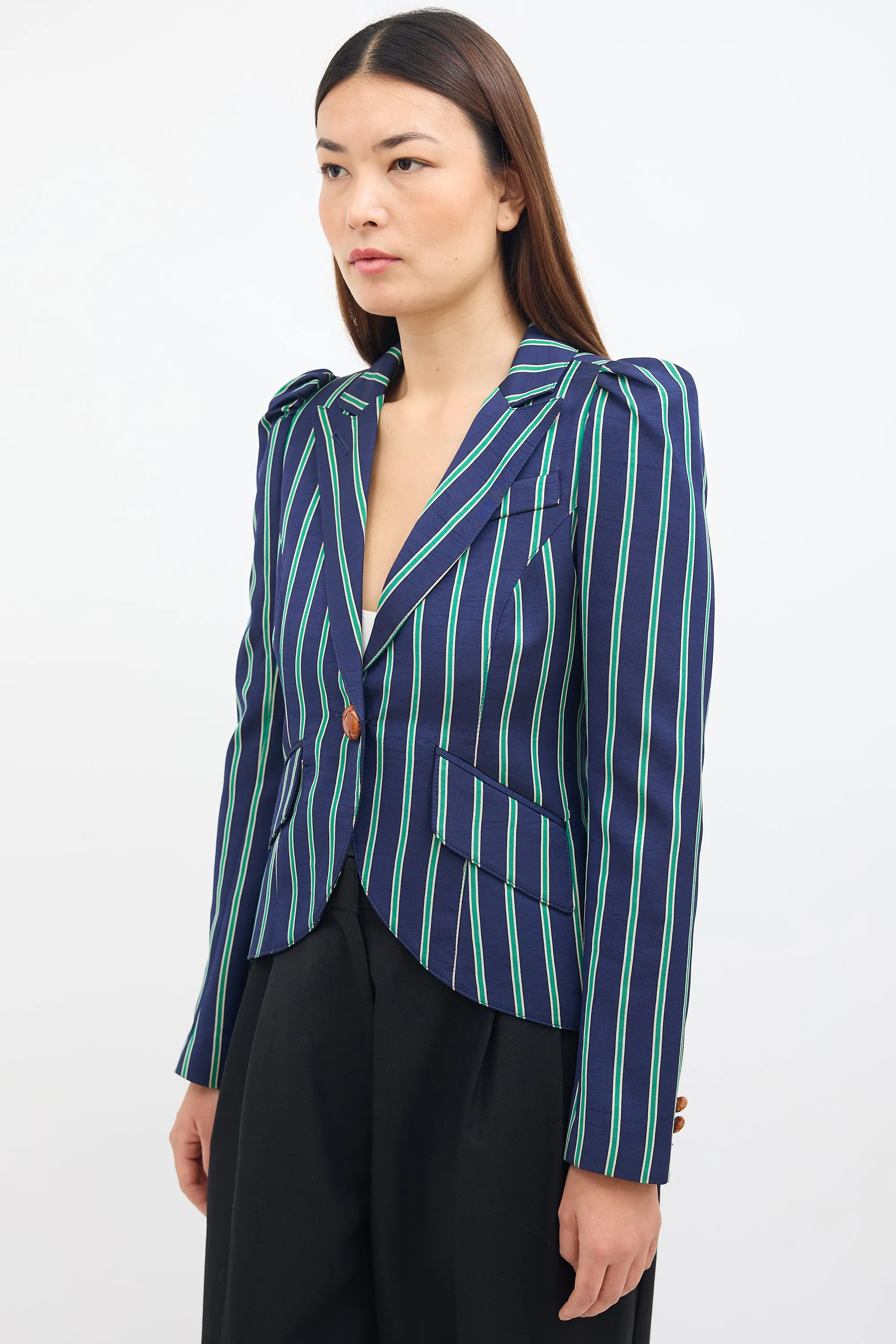 Navy & Green Striped Pouf Blazer