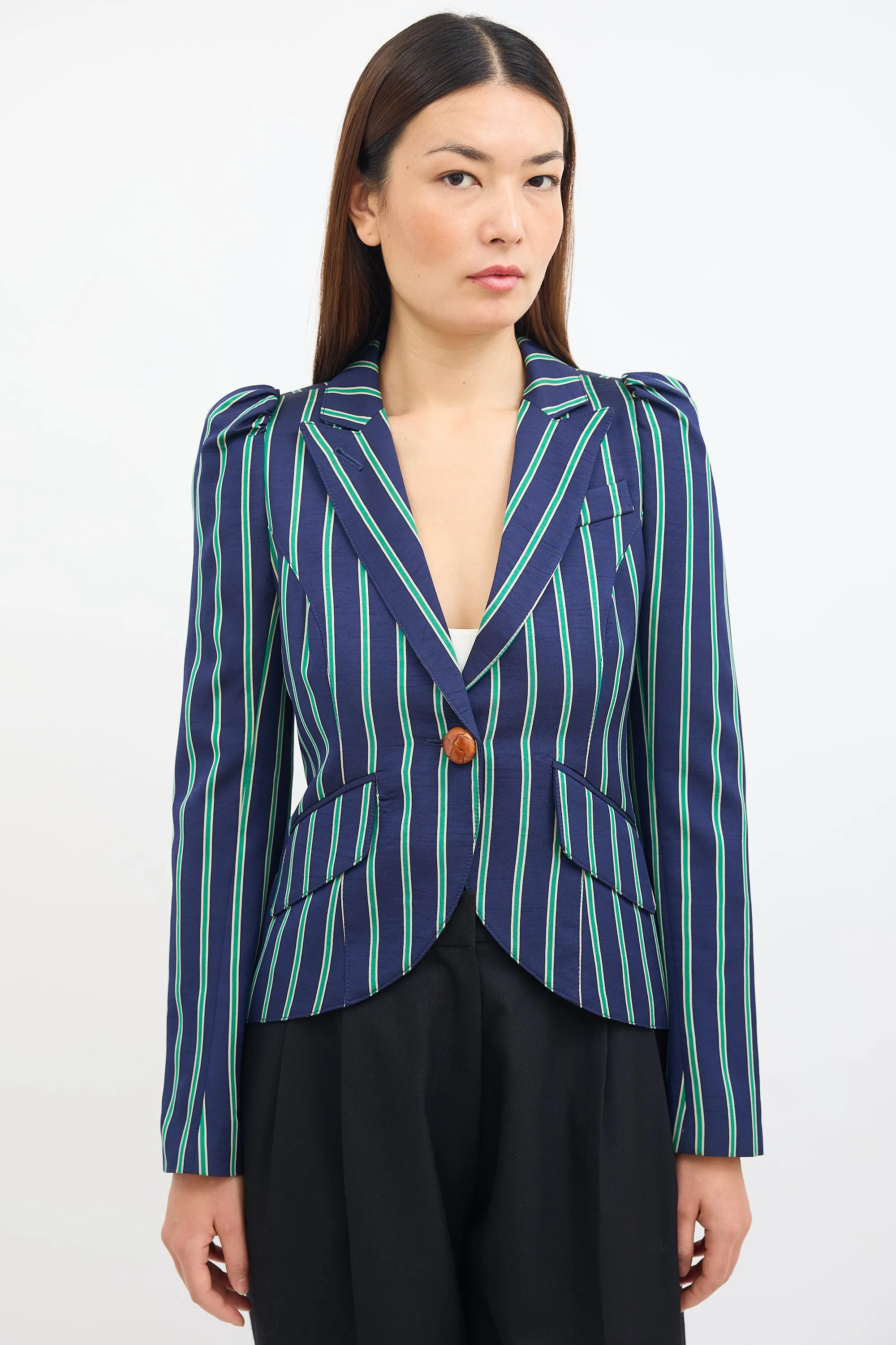 Navy & Green Striped Pouf Blazer