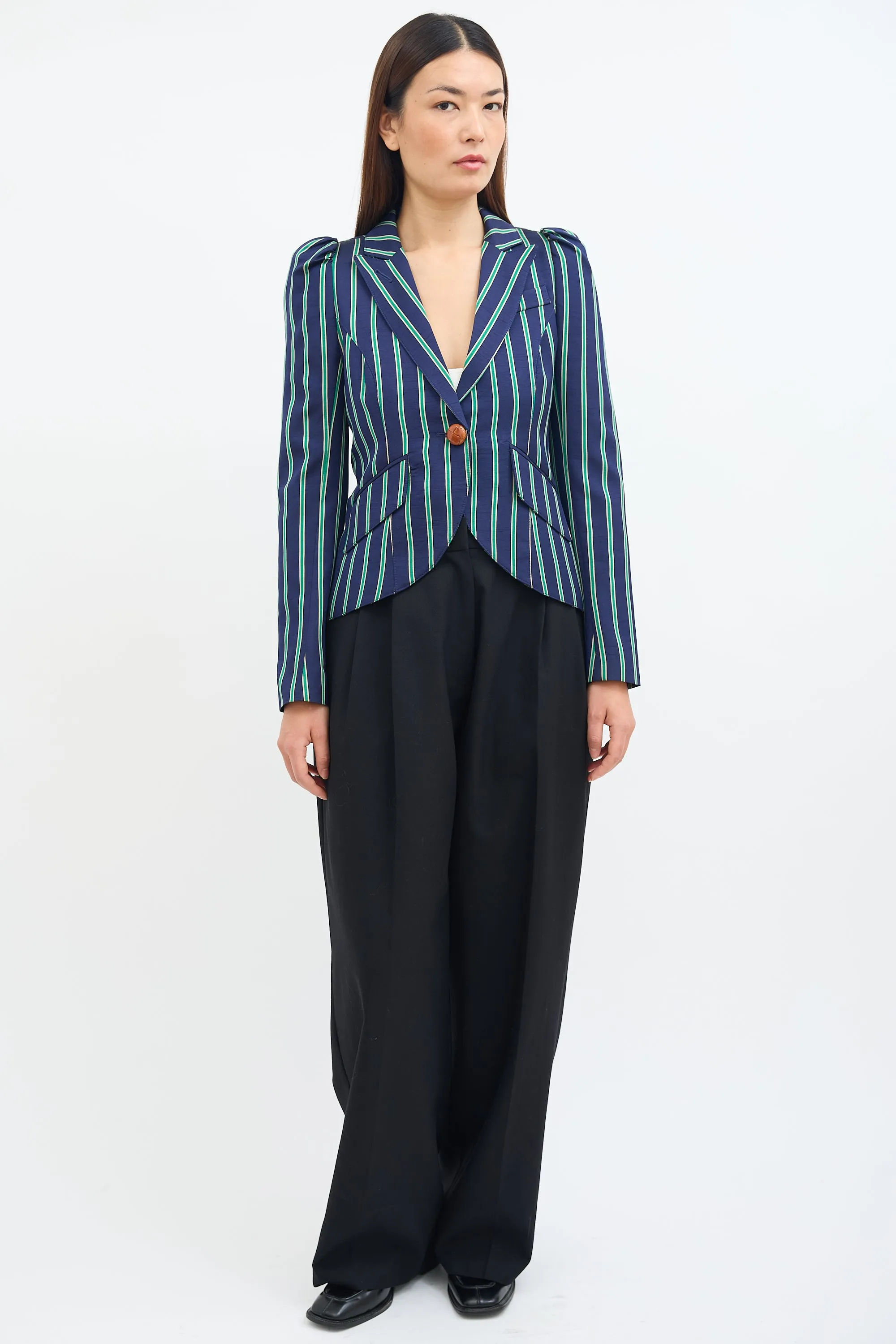 Navy & Green Striped Pouf Blazer