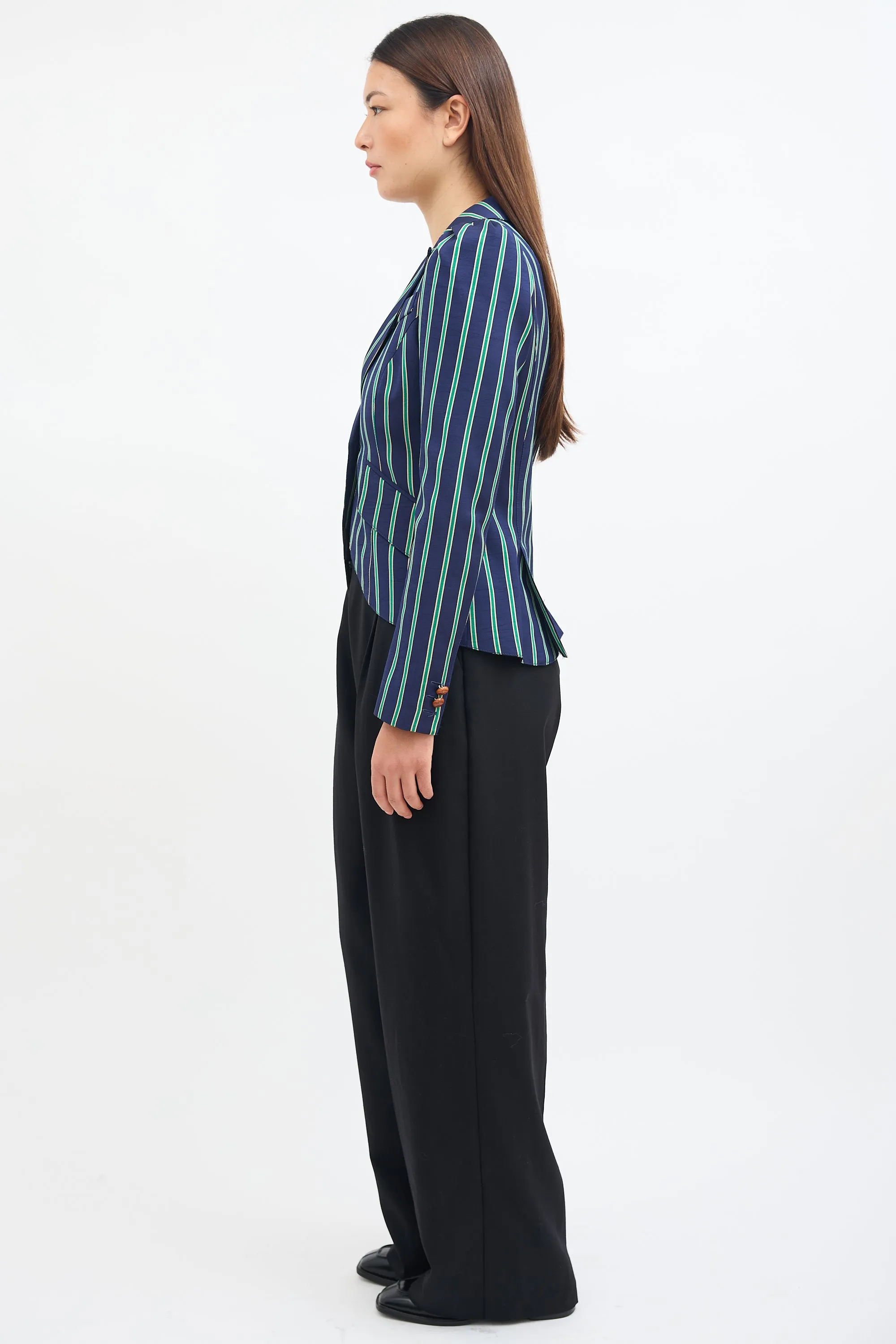 Navy & Green Striped Pouf Blazer