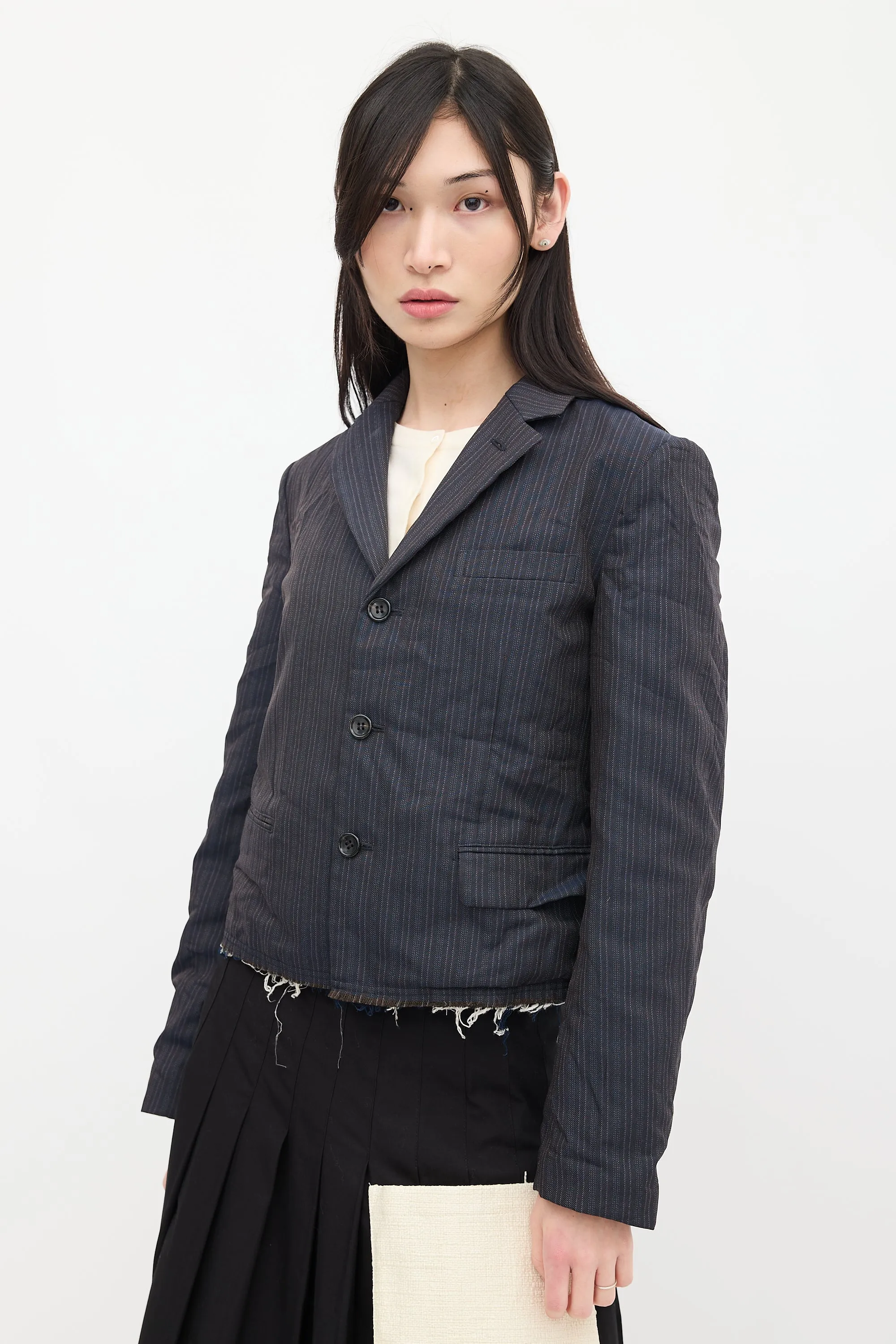 Navy & Red Striped Crinkled Blazer