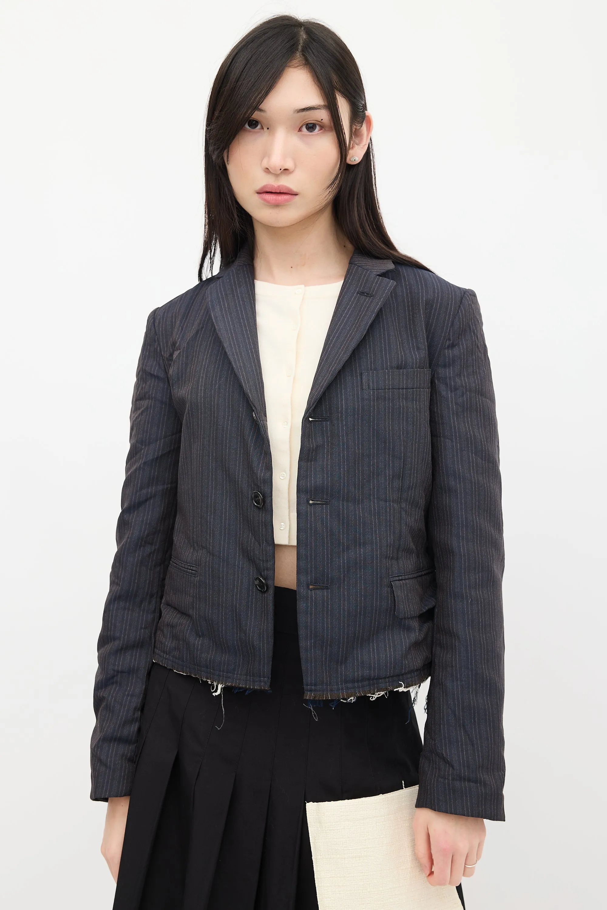 Navy & Red Striped Crinkled Blazer