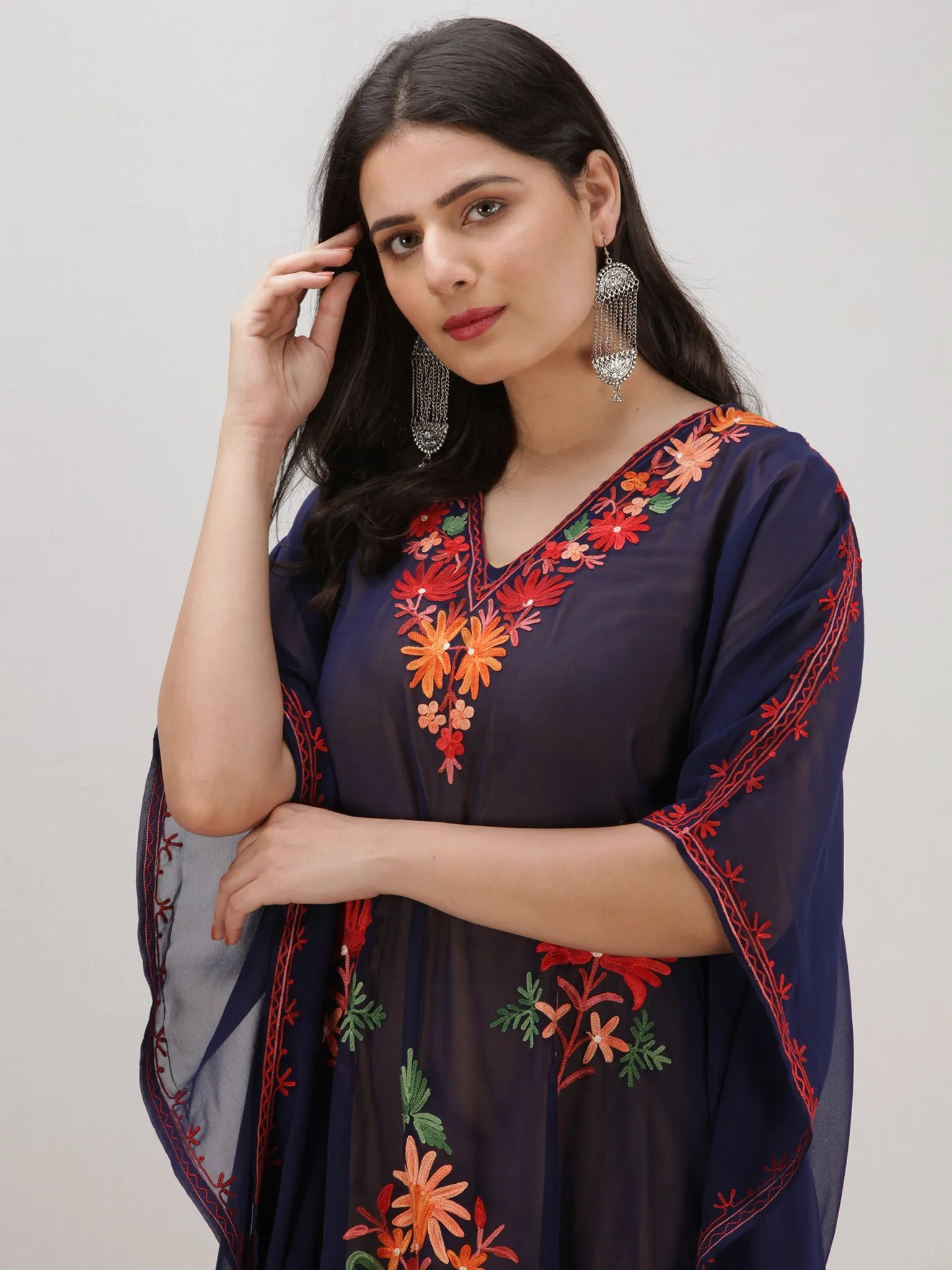 Navy Blue Multicolor Aari Embroidered Kashmere Free Size Georgette Kaftan  - K12K008