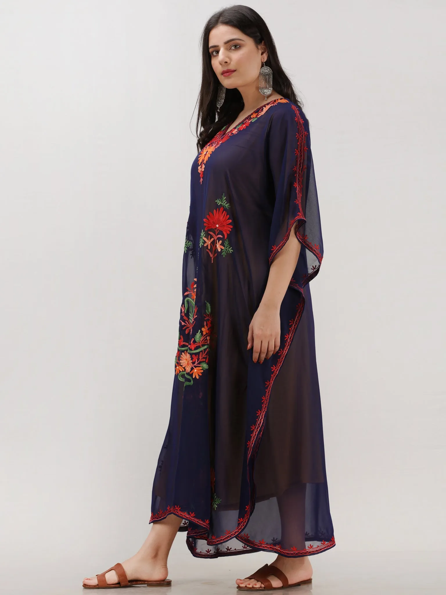 Navy Blue Multicolor Aari Embroidered Kashmere Free Size Georgette Kaftan  - K12K008