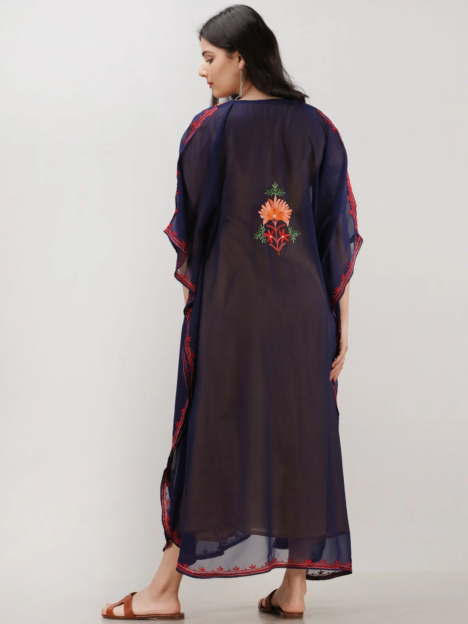 Navy Blue Multicolor Aari Embroidered Kashmere Free Size Georgette Kaftan  - K12K008