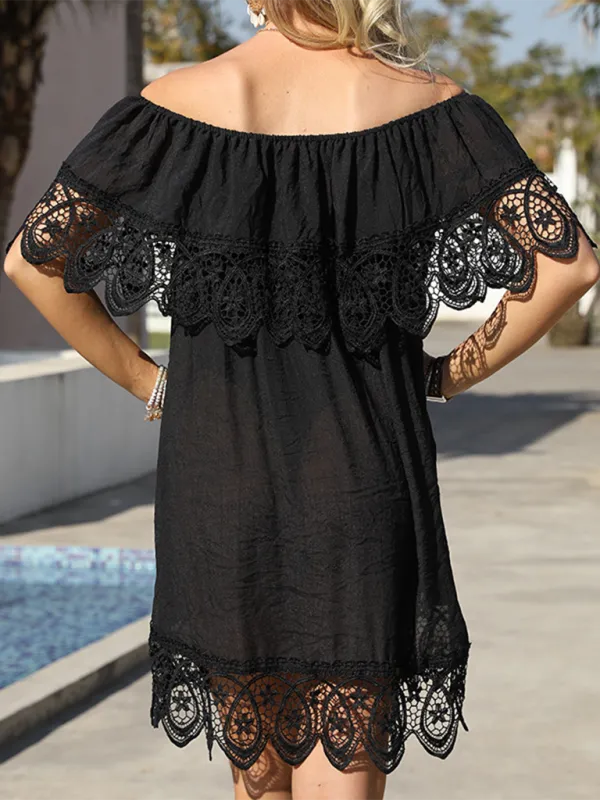 Off-the-shoulder Cape Sleeve Beach Dress Embroidery Stitching Bohemian Beach Bikini Cover-up