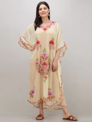 OffWhite Multicolor Aari Embroidered Kashmere Free Size Georgette Kaftan  - K12K001
