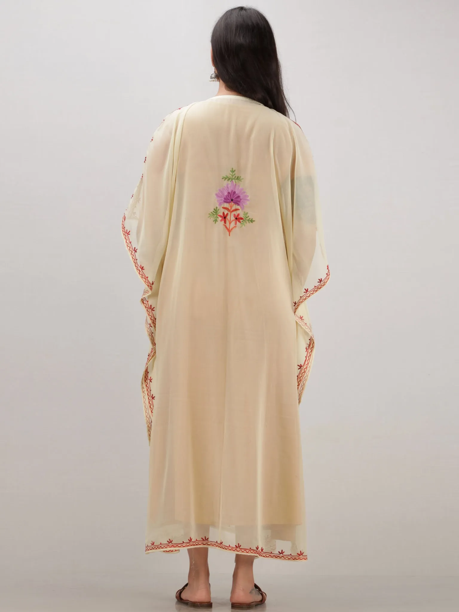 OffWhite Multicolor Aari Embroidered Kashmere Free Size Georgette Kaftan  - K12K001