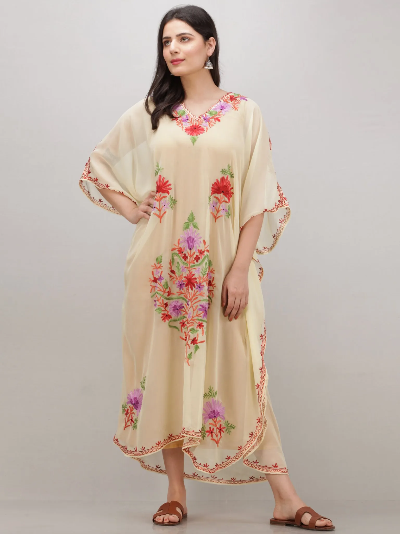 OffWhite Multicolor Aari Embroidered Kashmere Free Size Georgette Kaftan  - K12K001