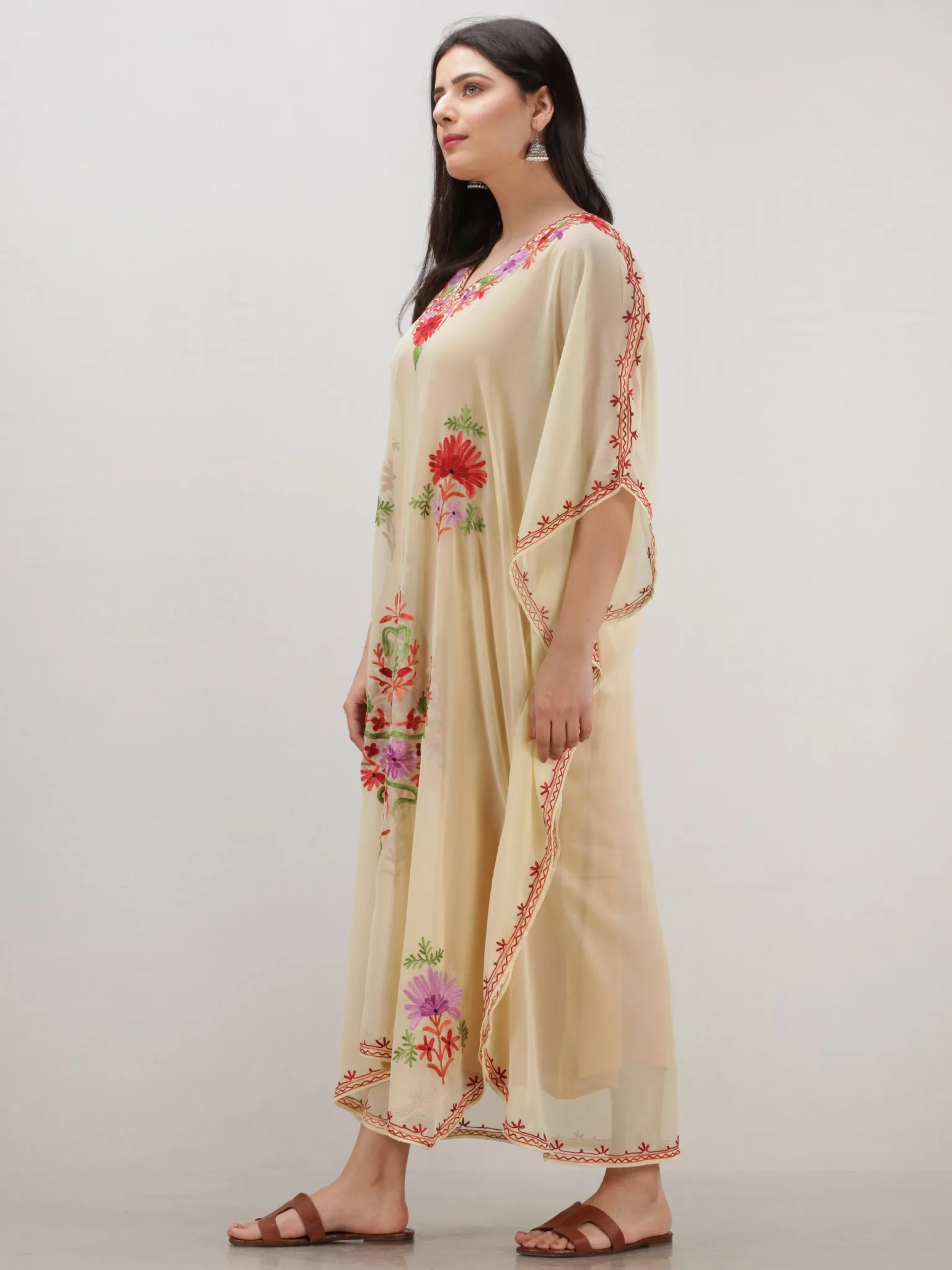 OffWhite Multicolor Aari Embroidered Kashmere Free Size Georgette Kaftan  - K12K001