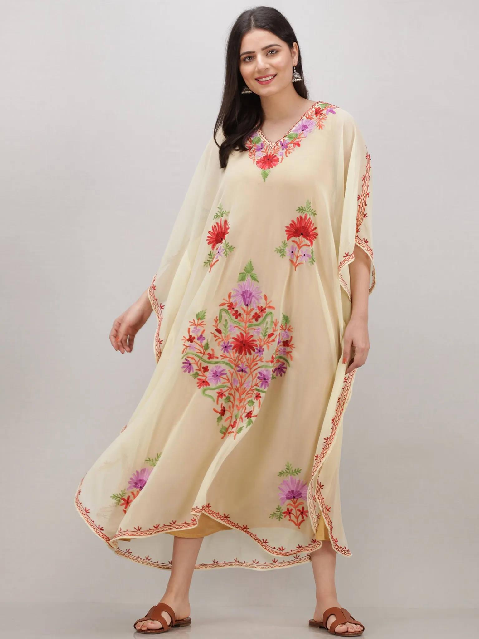 OffWhite Multicolor Aari Embroidered Kashmere Free Size Georgette Kaftan  - K12K001