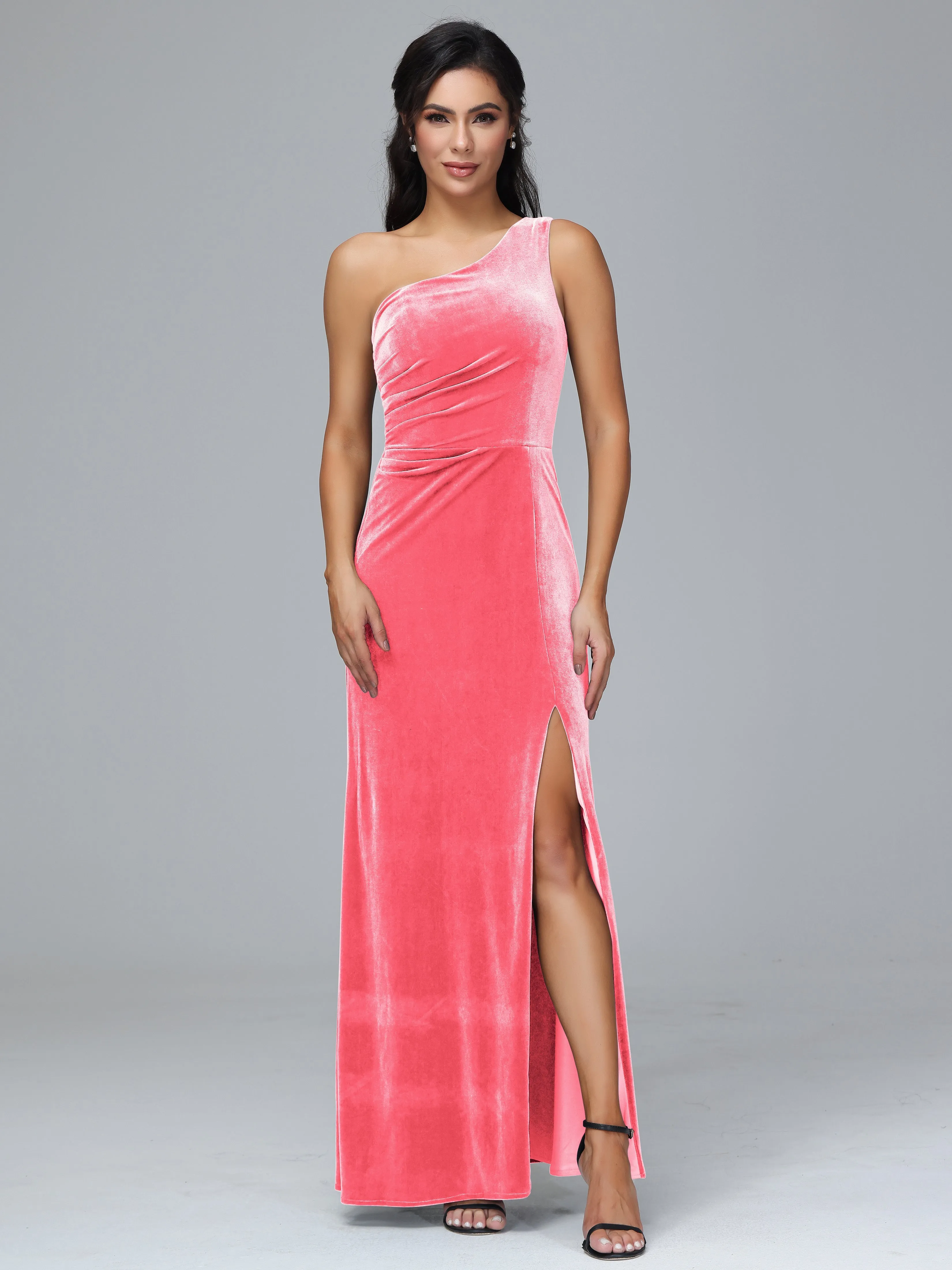 One Shoulder Pleats Long Plus Size Bridesmaid Dresses With Split