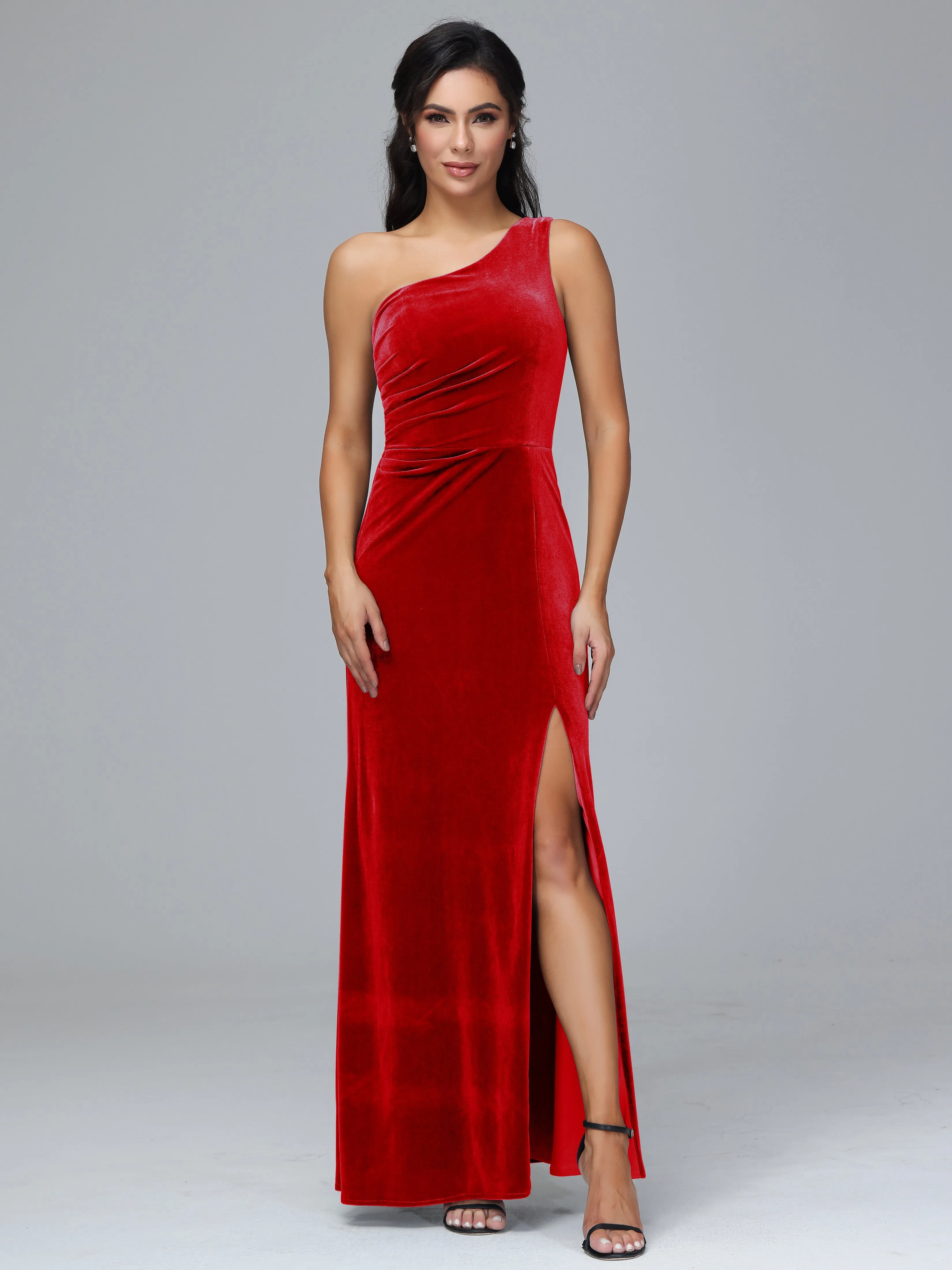 One Shoulder Pleats Long Plus Size Bridesmaid Dresses With Split