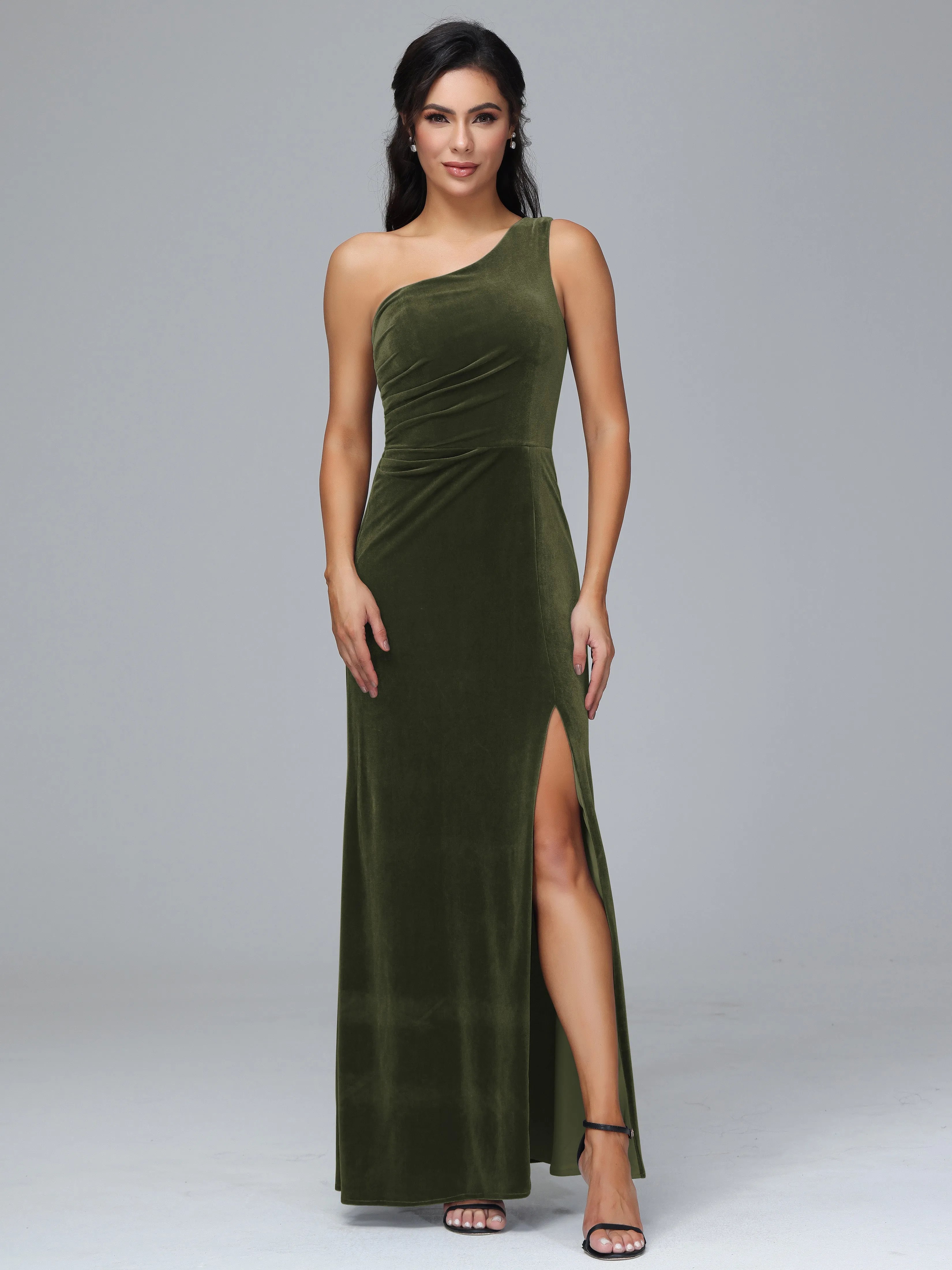 One Shoulder Pleats Long Plus Size Bridesmaid Dresses With Split