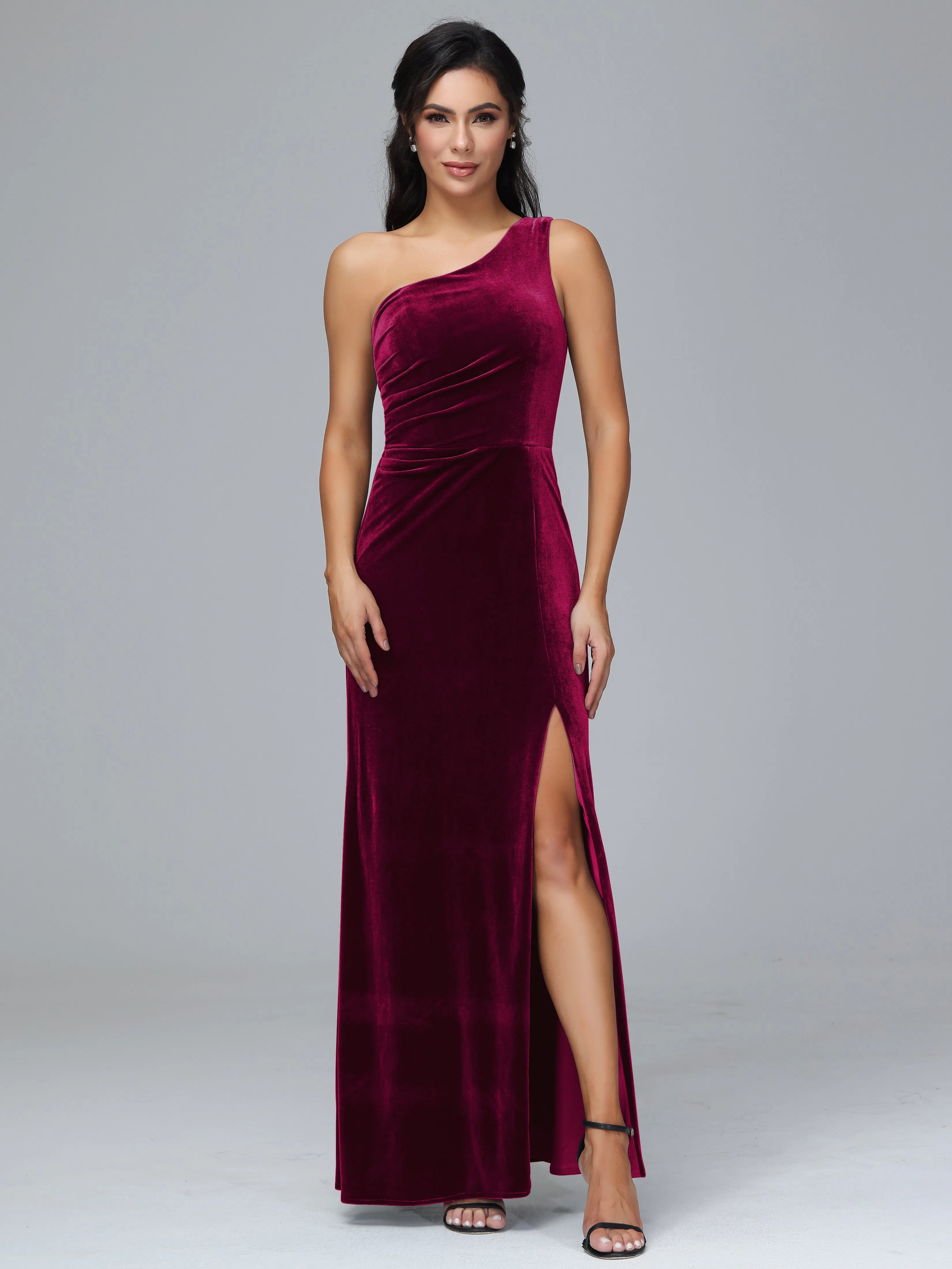One Shoulder Pleats Long Plus Size Bridesmaid Dresses With Split