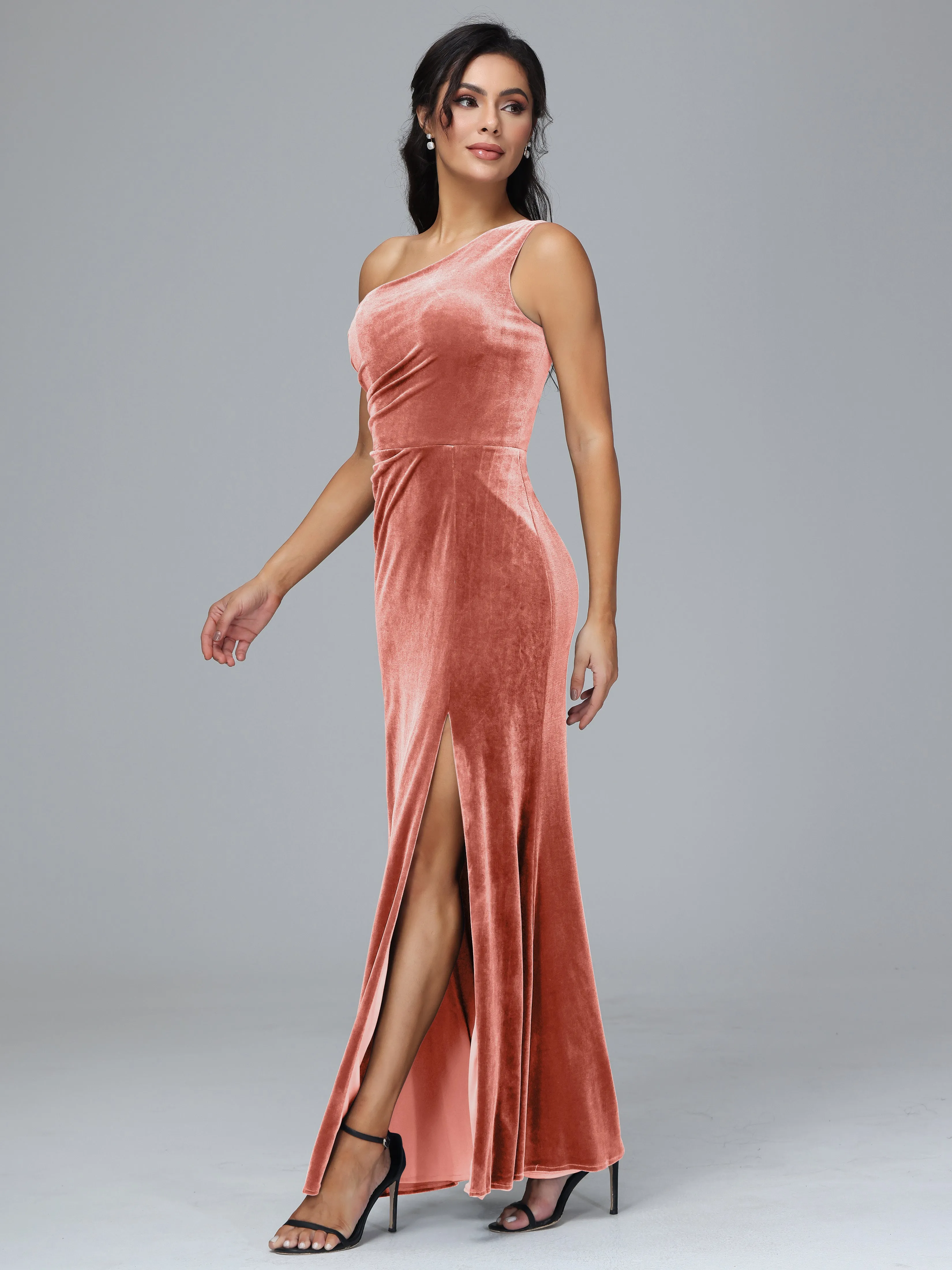 One Shoulder Pleats Long Plus Size Bridesmaid Dresses With Split