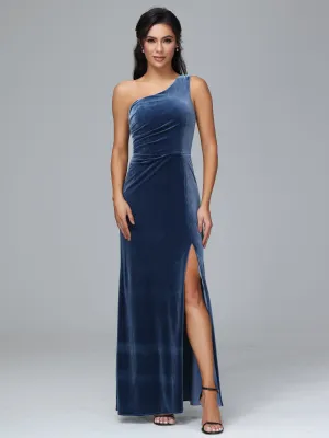 One Shoulder Pleats Long Plus Size Bridesmaid Dresses With Split