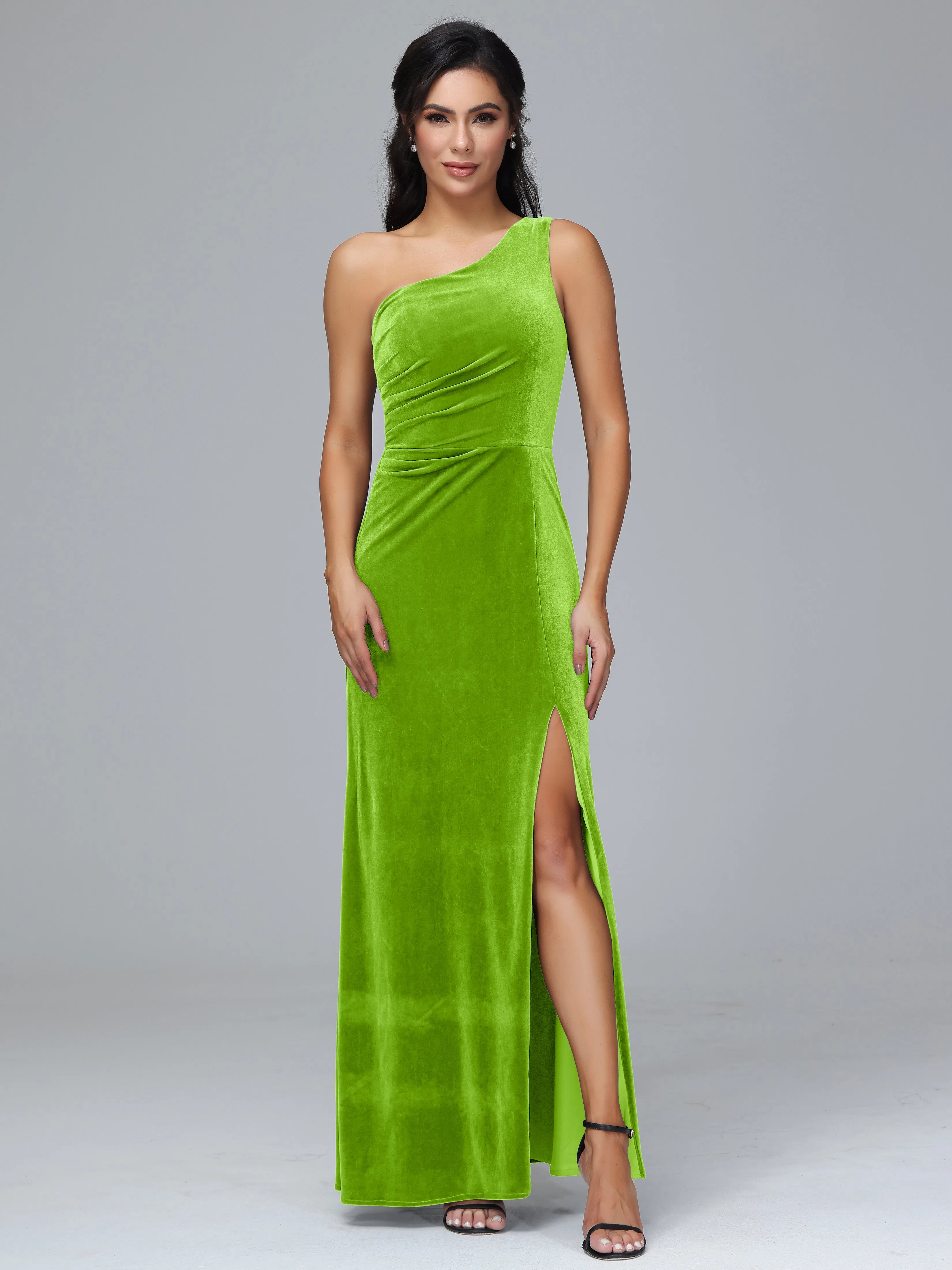 One Shoulder Pleats Long Plus Size Bridesmaid Dresses With Split