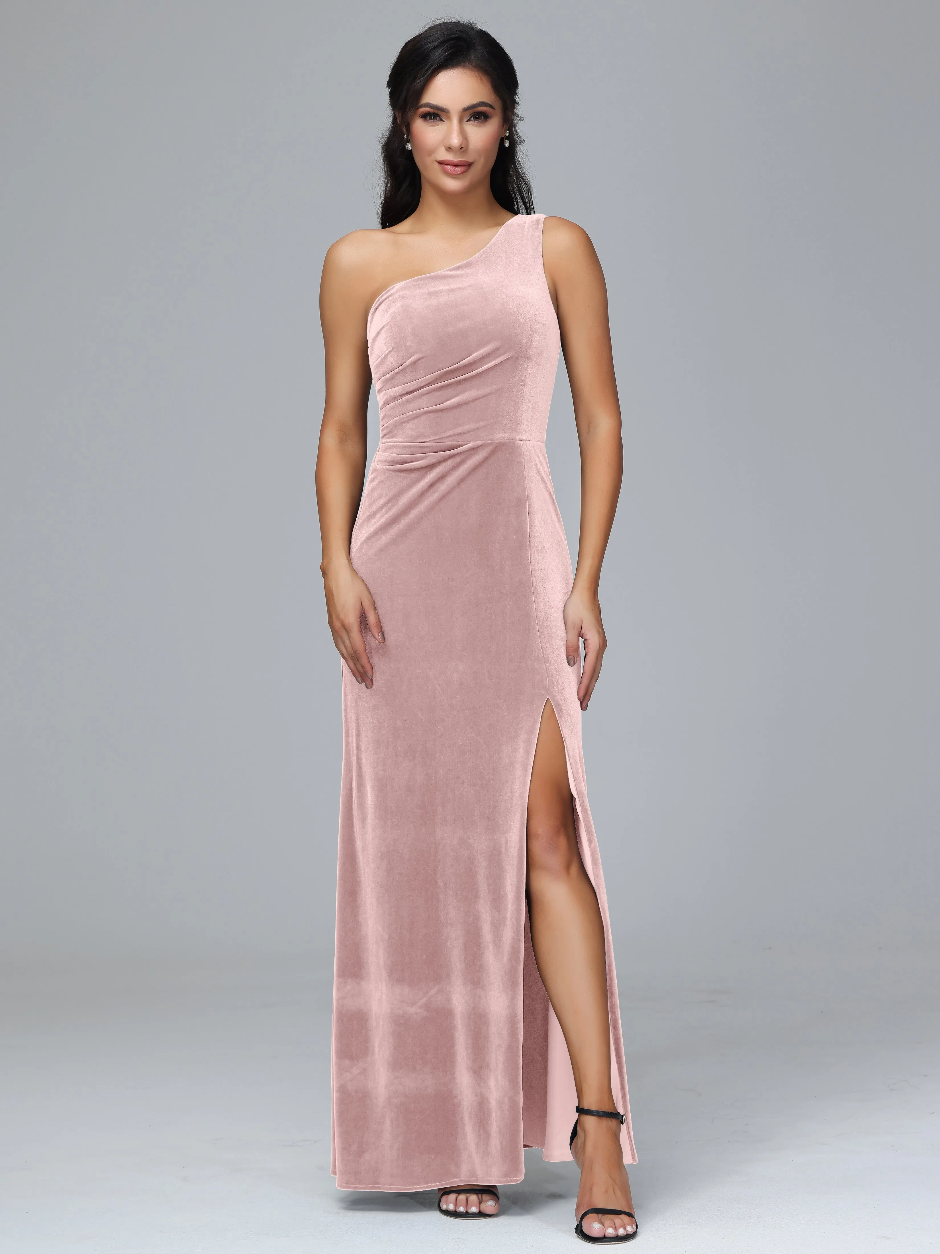 One Shoulder Pleats Long Plus Size Bridesmaid Dresses With Split