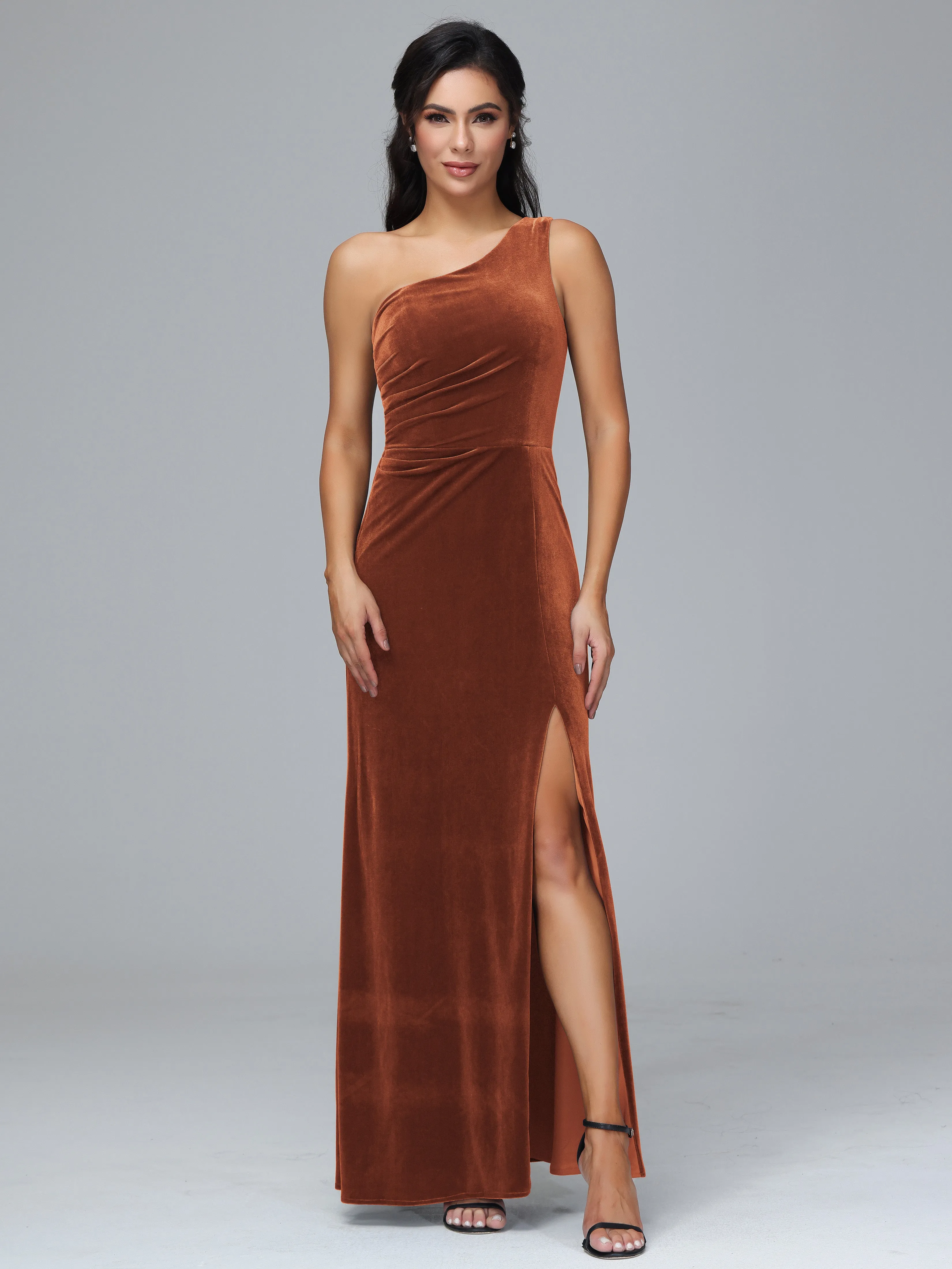 One Shoulder Pleats Long Plus Size Bridesmaid Dresses With Split