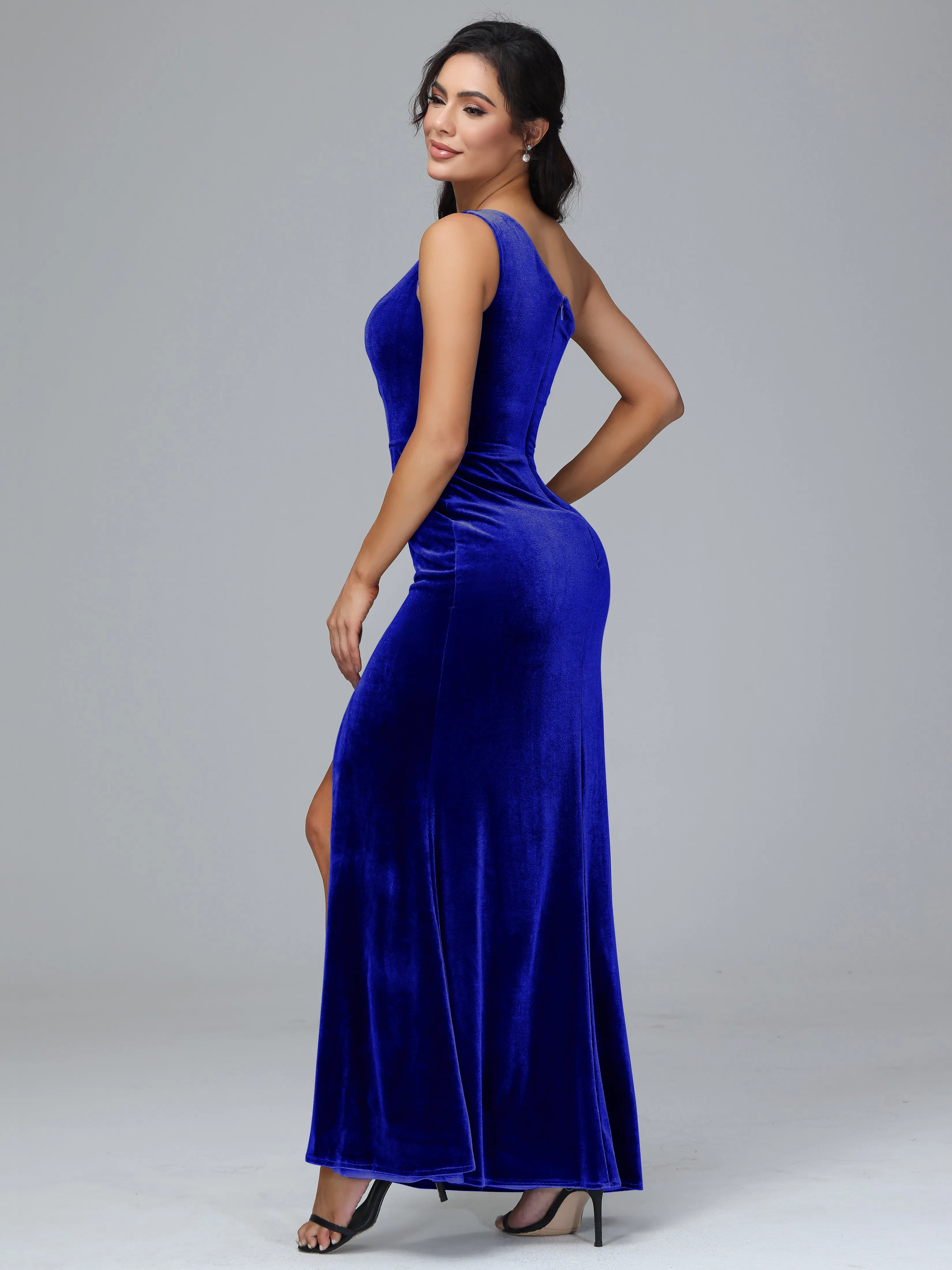 One Shoulder Pleats Long Plus Size Bridesmaid Dresses With Split