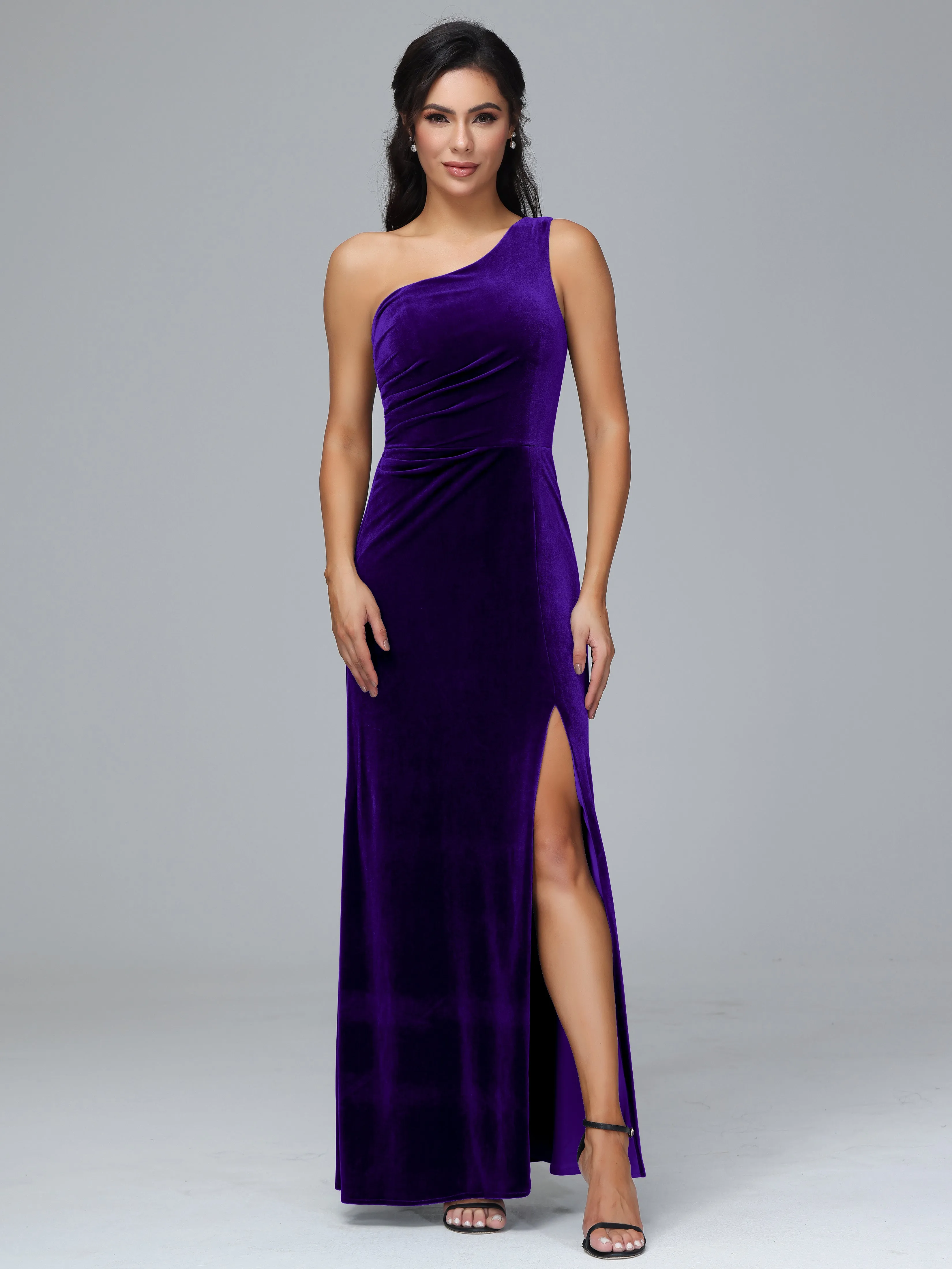 One Shoulder Pleats Long Plus Size Bridesmaid Dresses With Split